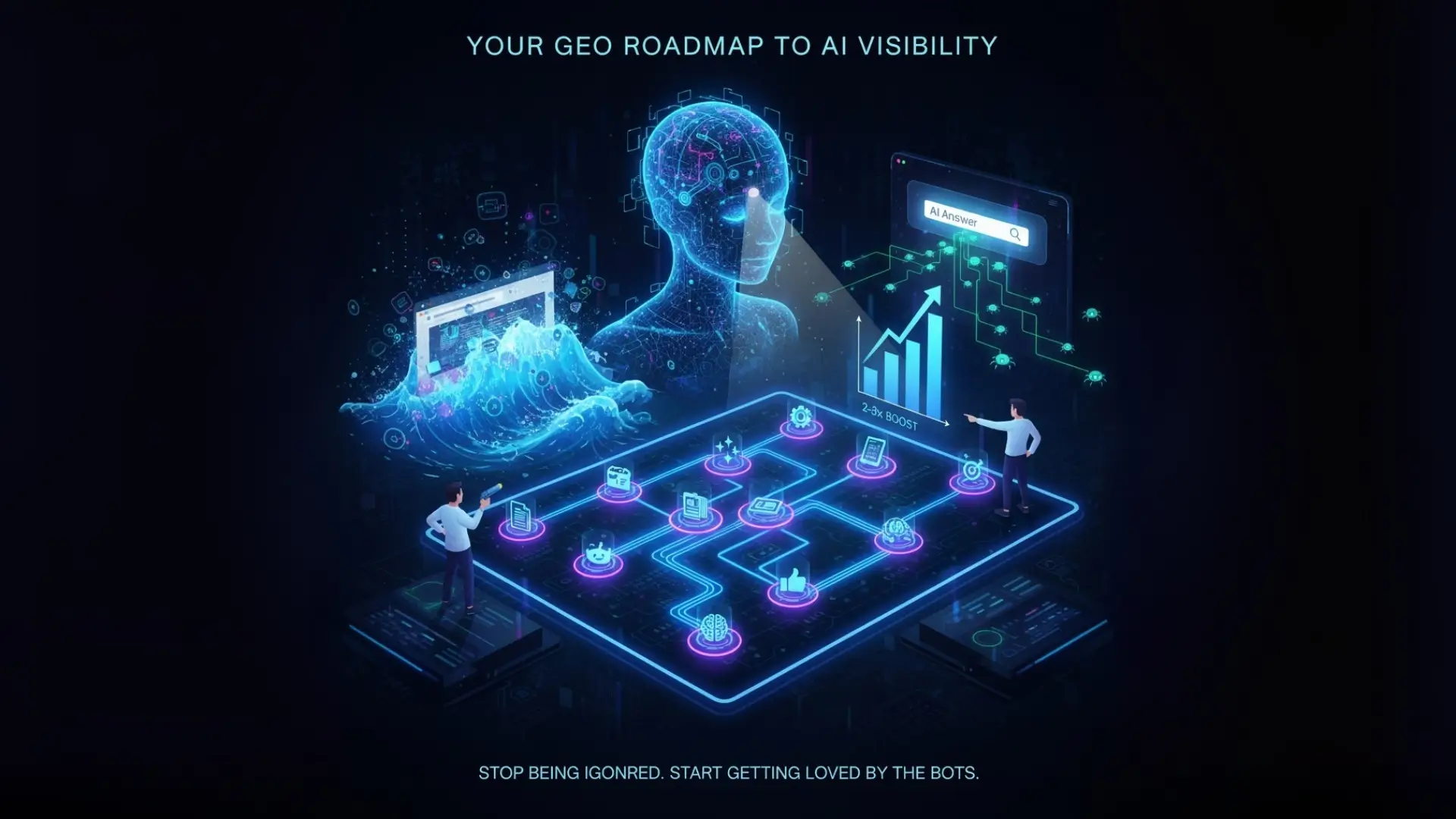 GEO roadmap graphic showing AI visibility growth and strategies to boost website rankings in Generative Engine Optimization.
