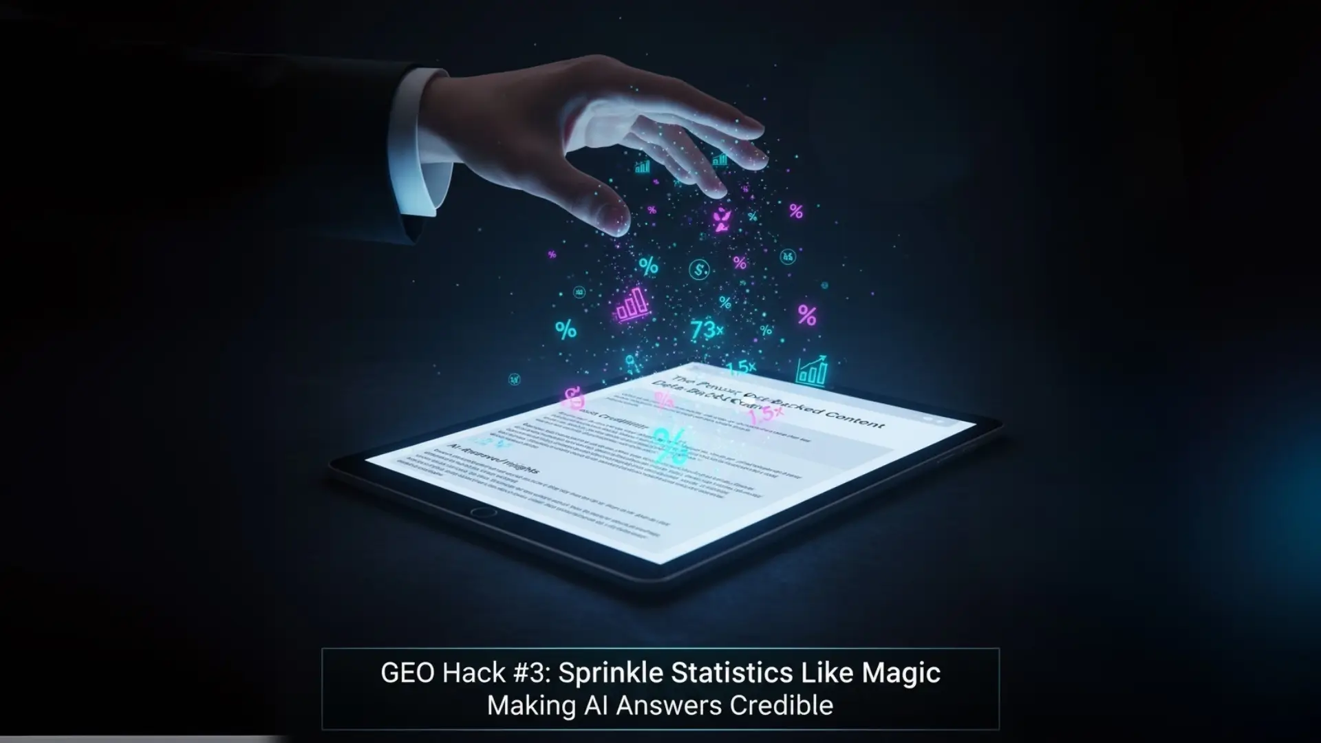 GEO hack showing statistics added to AI content on a tablet to increase credibility in Generative Engine Optimization.