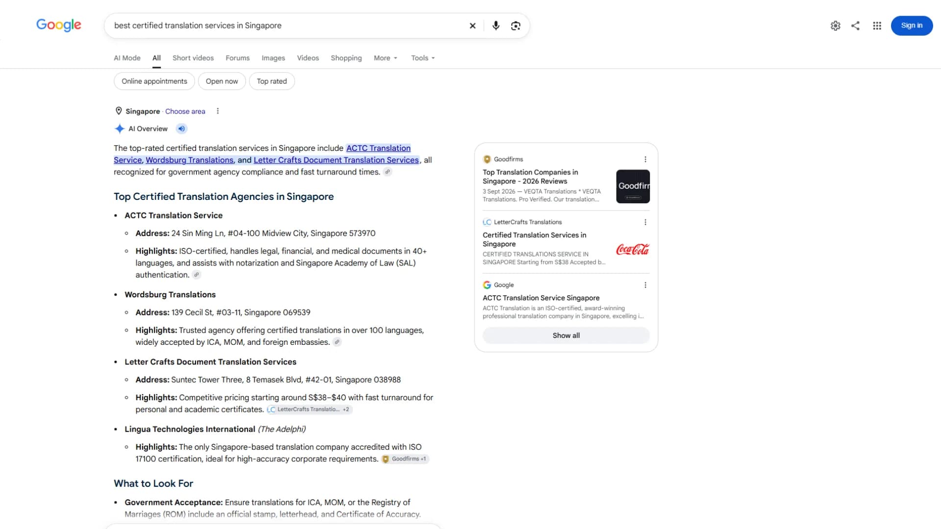 Google AI Overview for the query 'best certified translation services in Singapore' naming ACTC Translation Service, Wordsburg Translations and Letter Crafts Document Translation Services.