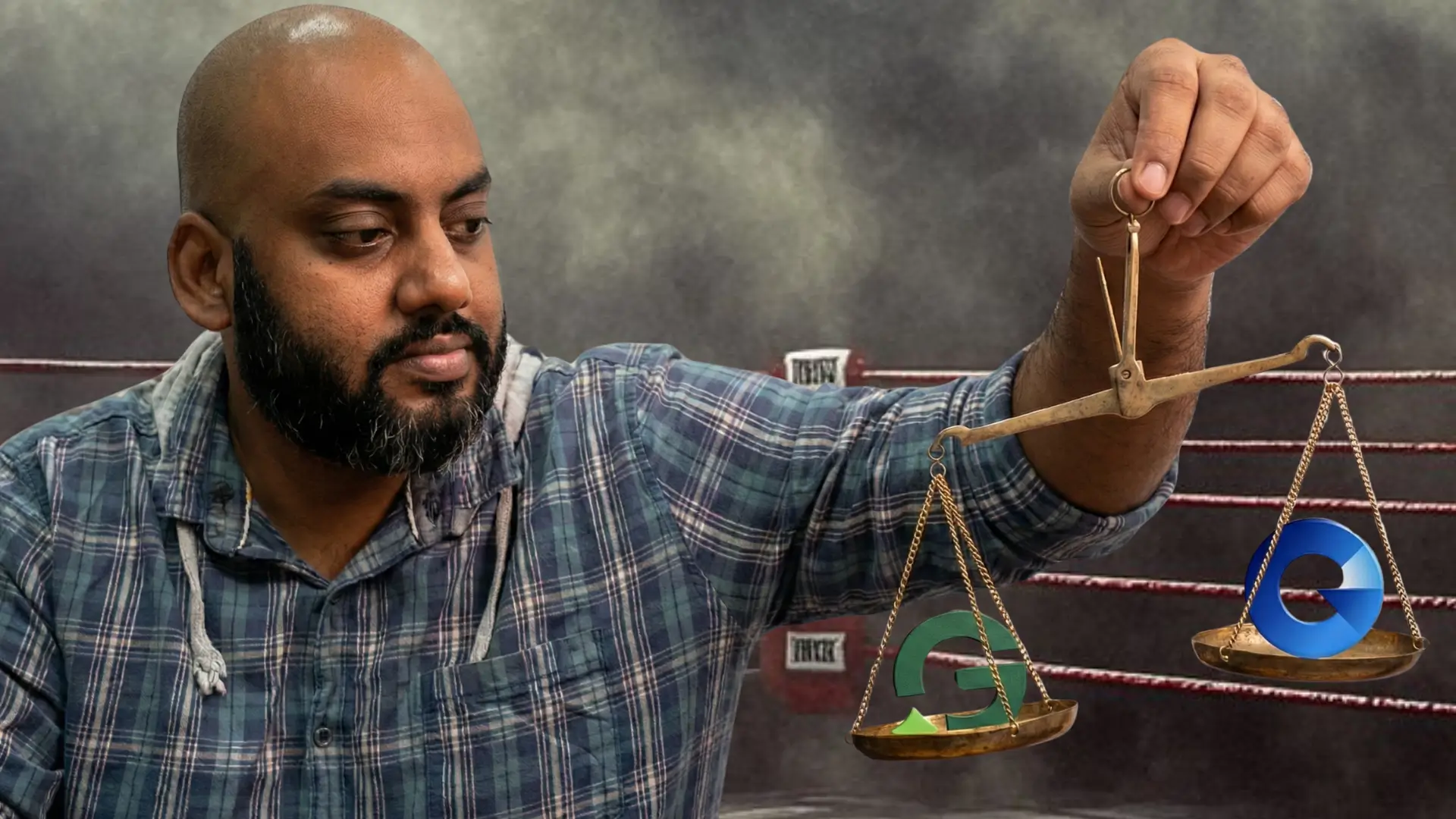 Person holding balance scale comparing GetCito on one side and Geneo AI on the other, with boxing ring background symbolizing competition.