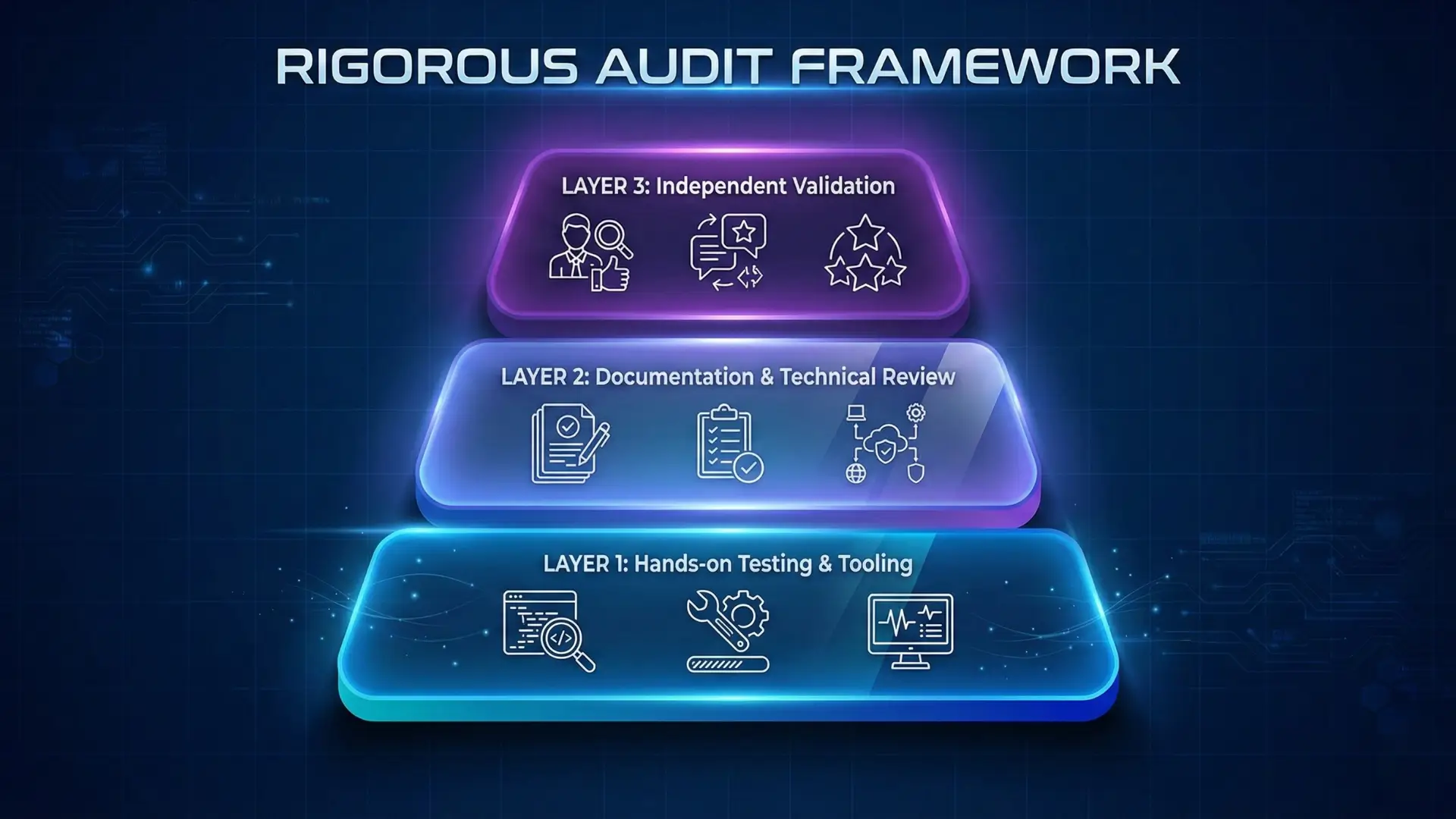 Infographic pyramid titled “Rigorous Audit Framework” with three layers: hands‑on testing, documentation & technical review, and independent validation.