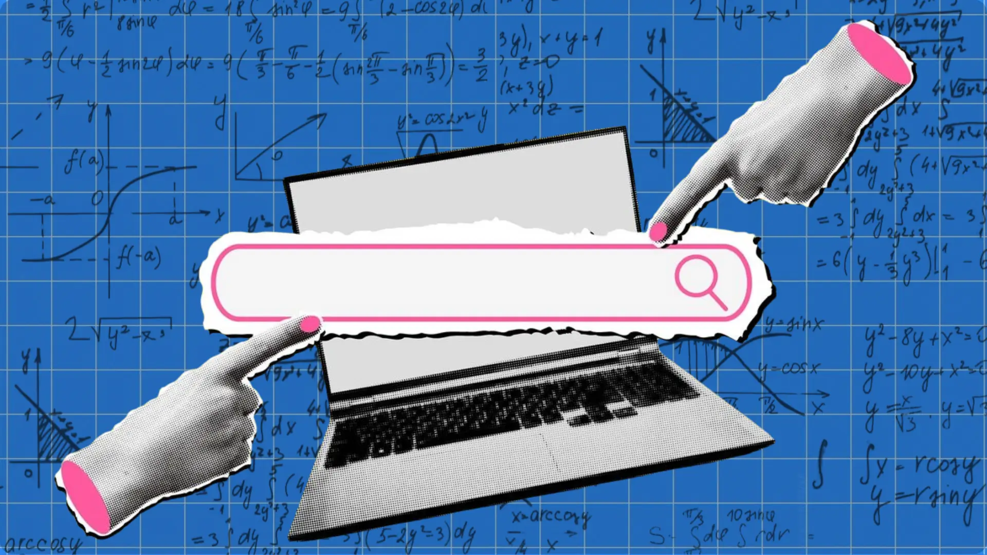 Pop‑art collage with central laptop and search bar overlay, flanked by pointing hands, blue grid background filled with mathematical equations and graphs, symbolizing tech‑driven problem solving.