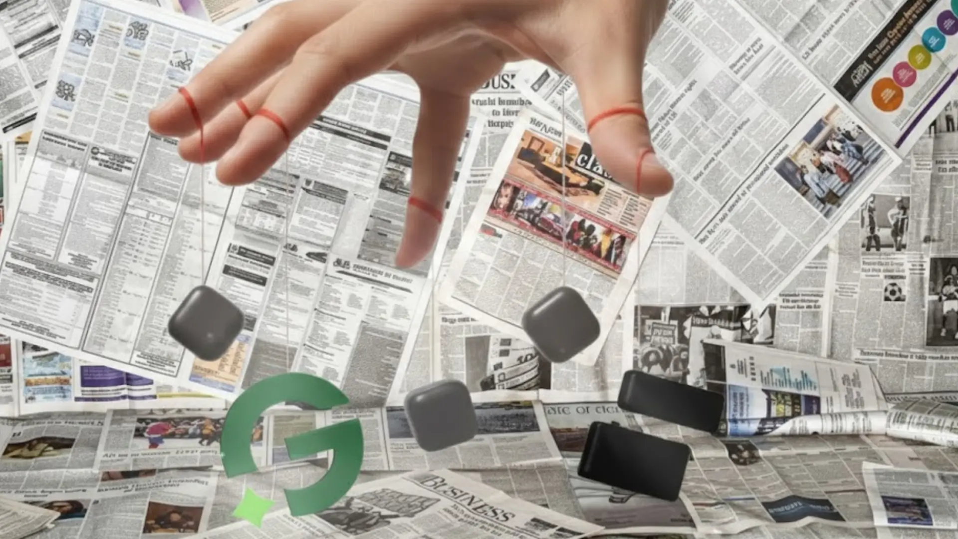 Hand with red strings controlling black cubes like puppets against newspaper background, green circular arrow symbol with “G,” symbolizing media manipulation and control.