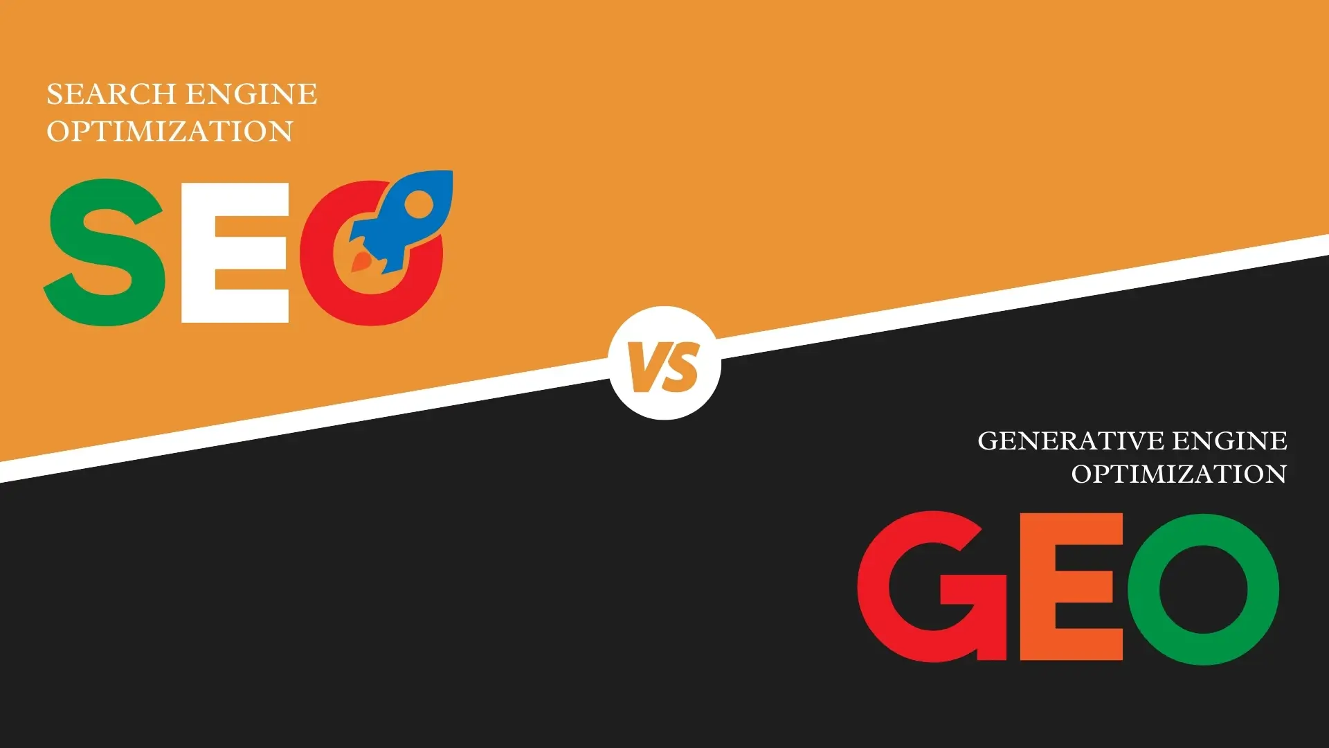 A direct comparison graphic between Search Engine Optimization (SEO) and Generative Engine Optimization (GEO), featuring the SEO logo with a rocket icon on an orange background and the GEO logo on a black background.