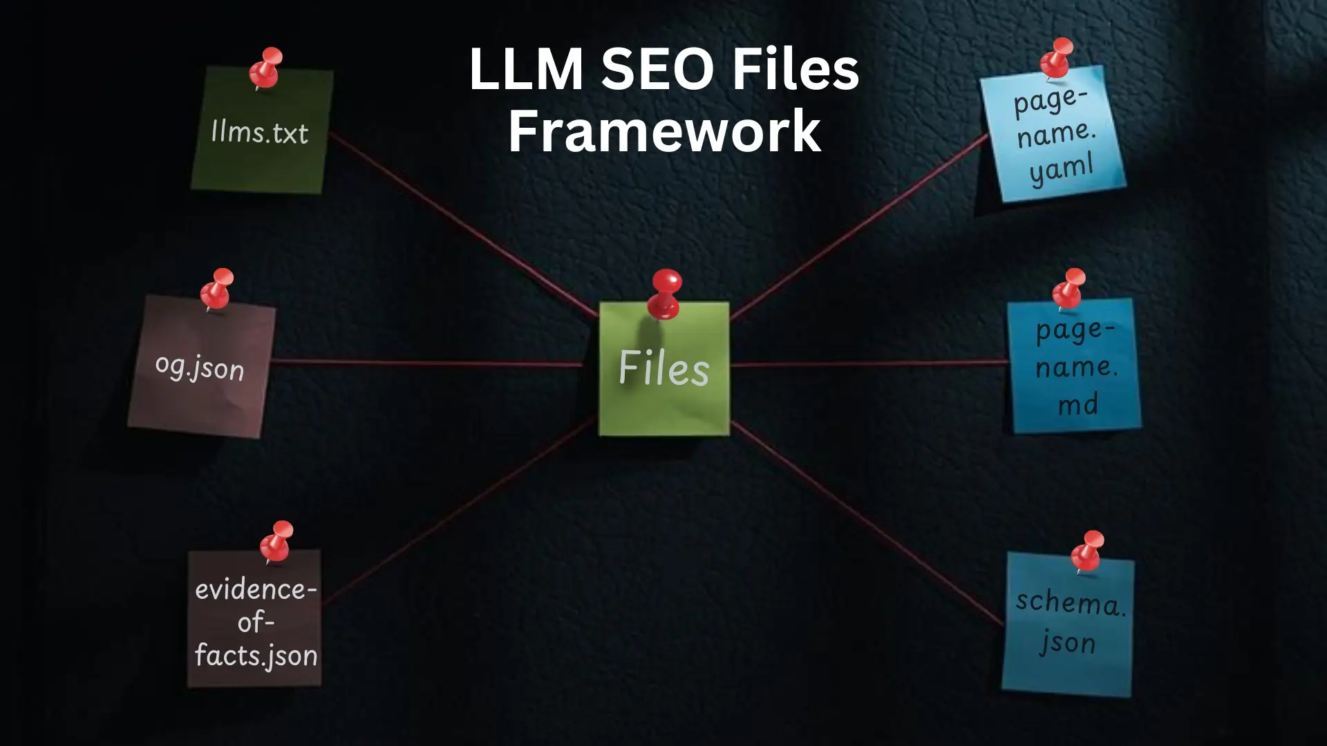 Sticky note diagram showing six file types linked to the central 'Files' note in the LLM SEO framework.