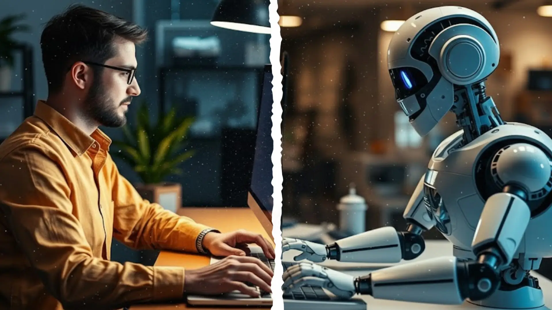 Split image showing human in mustard shirt typing at desk on left, humanoid robot with glowing eyes typing at desk on right, symbolizing collaboration or competition in professional tasks