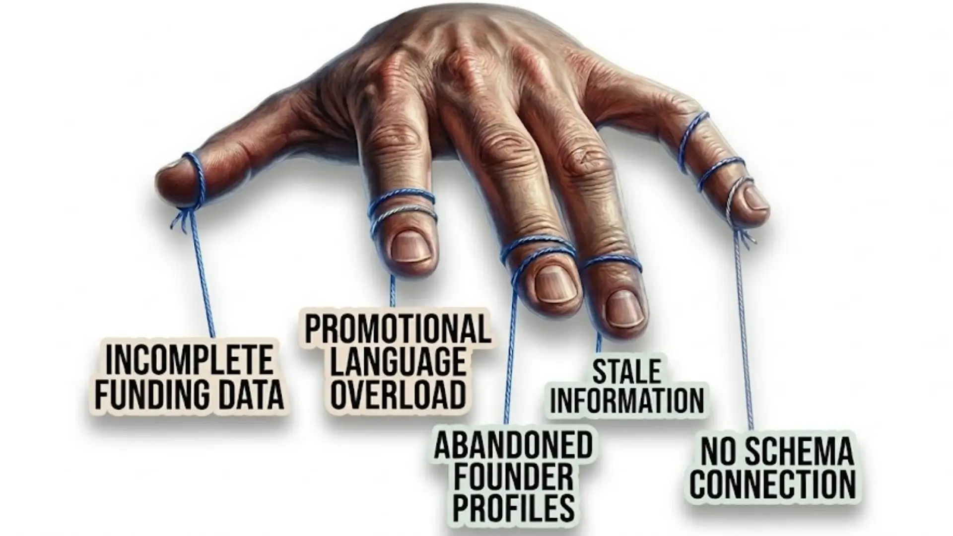 Illustration of human hand with blue strings controlling labels for issues: incomplete funding data, promotional language overload, abandoned founder profiles, stale information, and no schema connection.
