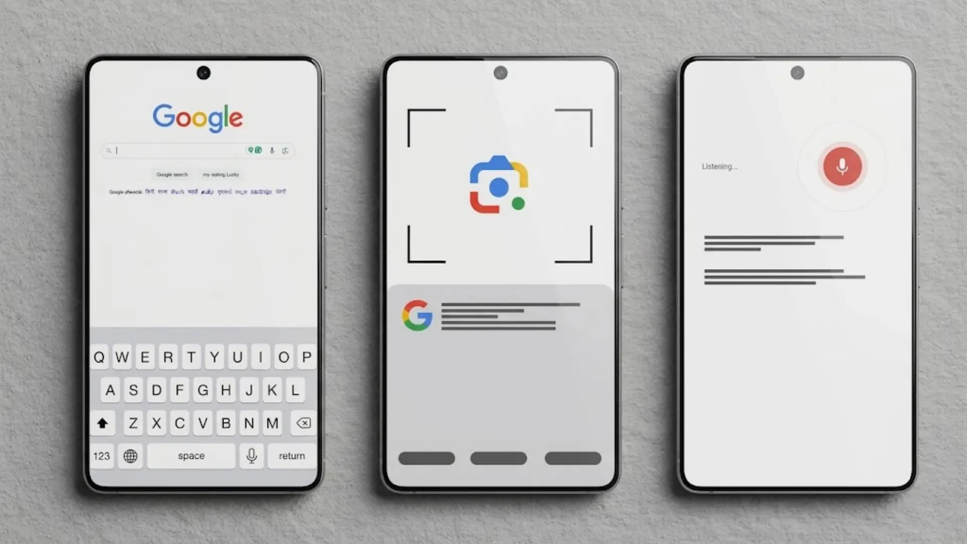 Three smartphones side by side showing Google search methods: text input with keyboard, Google Lens visual search, and voice search with microphone icon.