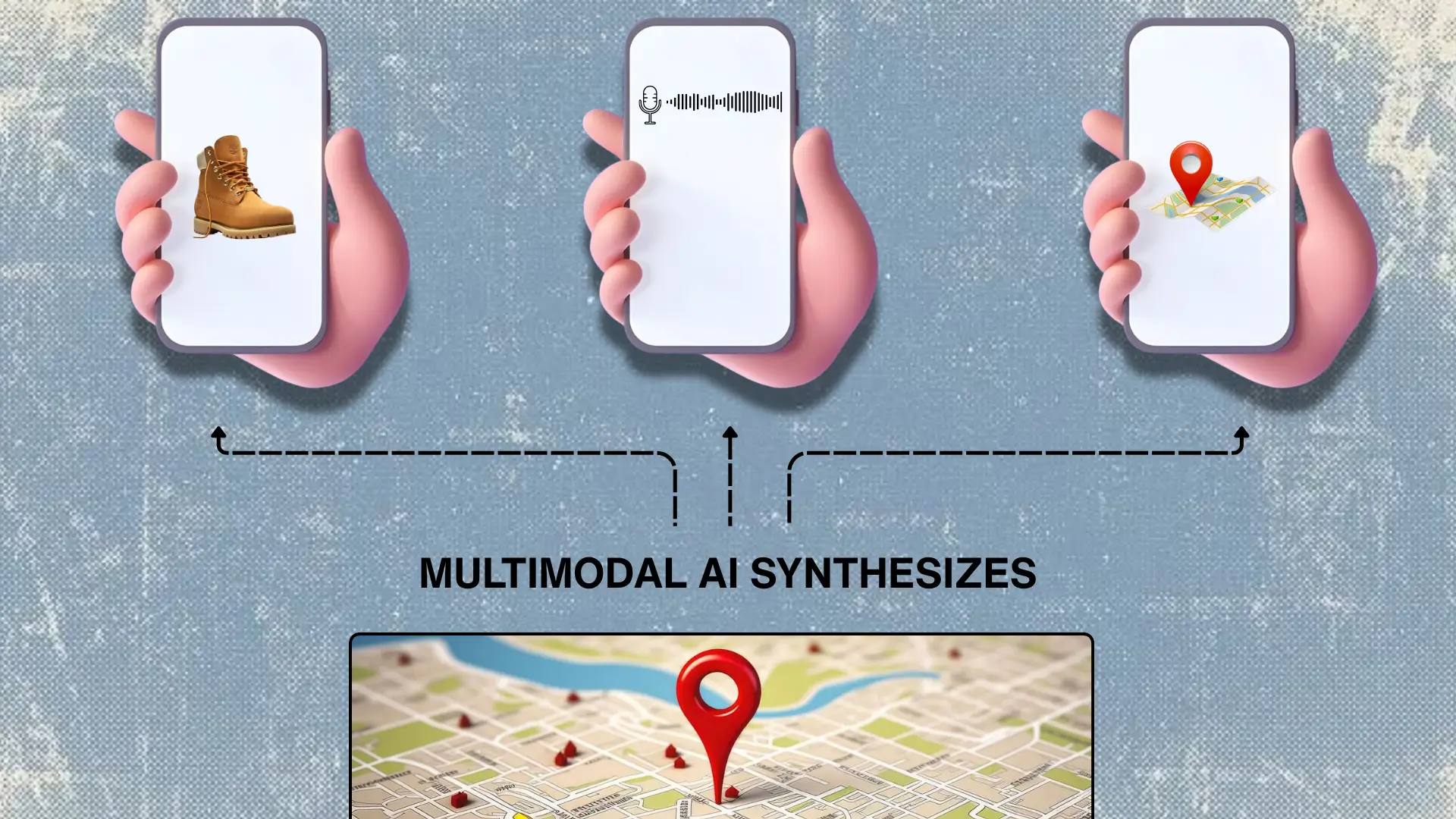 Illustration of three hands holding smartphones showing boot image, voice waveform, and map with red pin, arrows pointing to lower section labeled “Multimodal AI Synthesizes.”