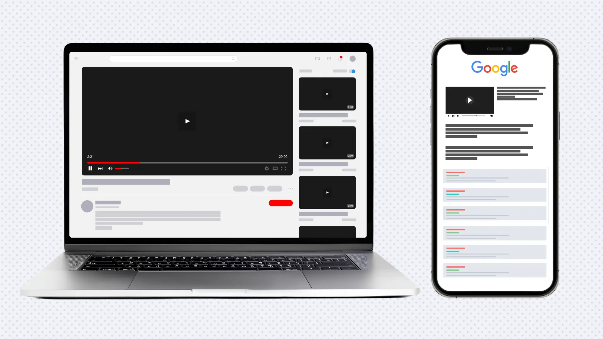 Laptop screen showing YouTube‑style video player and smartphone screen showing Google search results with video thumbnail, symbolizing cross‑platform video integration.