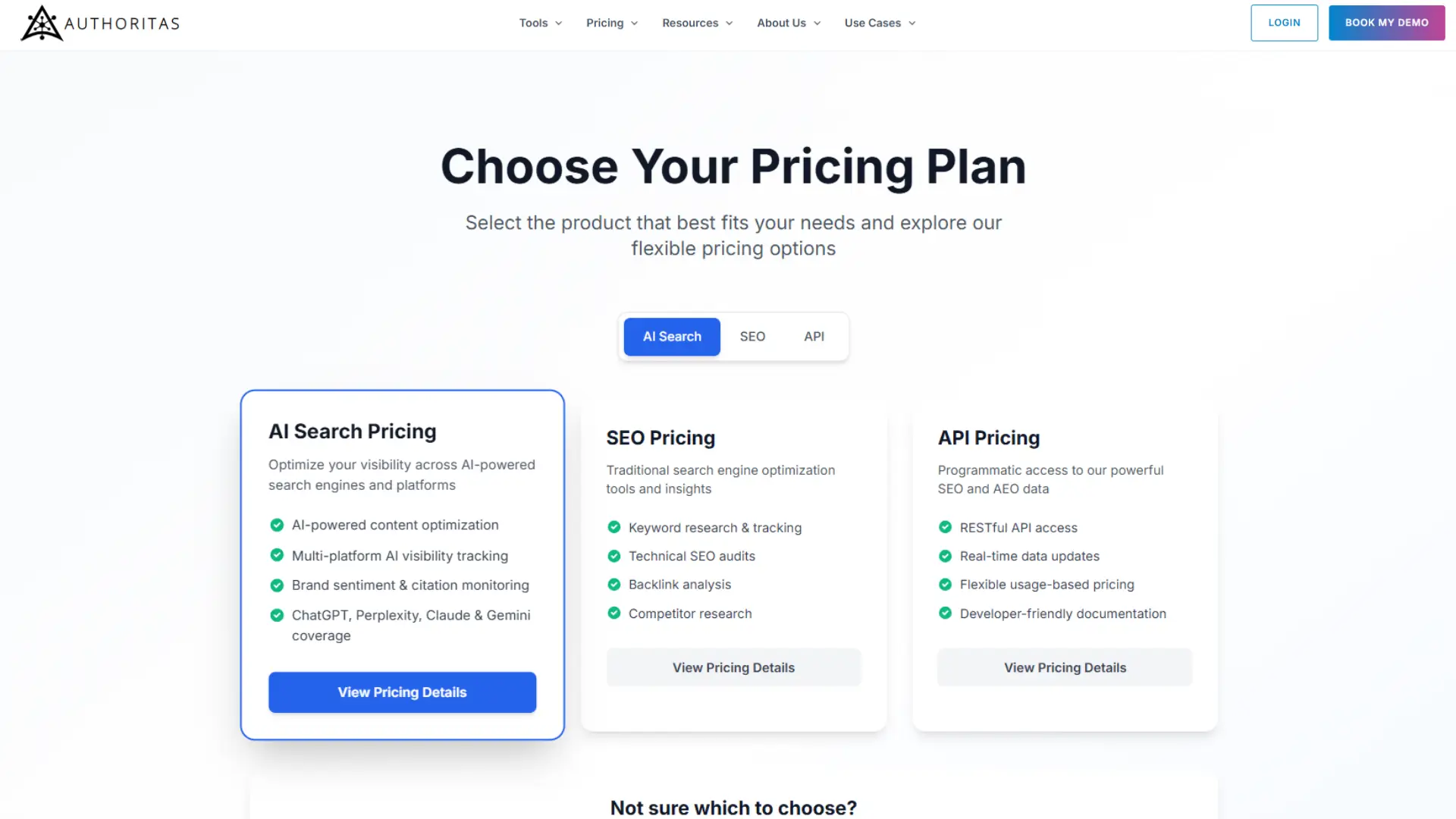 Authoritas pricing page with tabs for AI Search, SEO, and API, showing features like AI content optimization, visibility tracking, sentiment monitoring, keyword research, and API access.