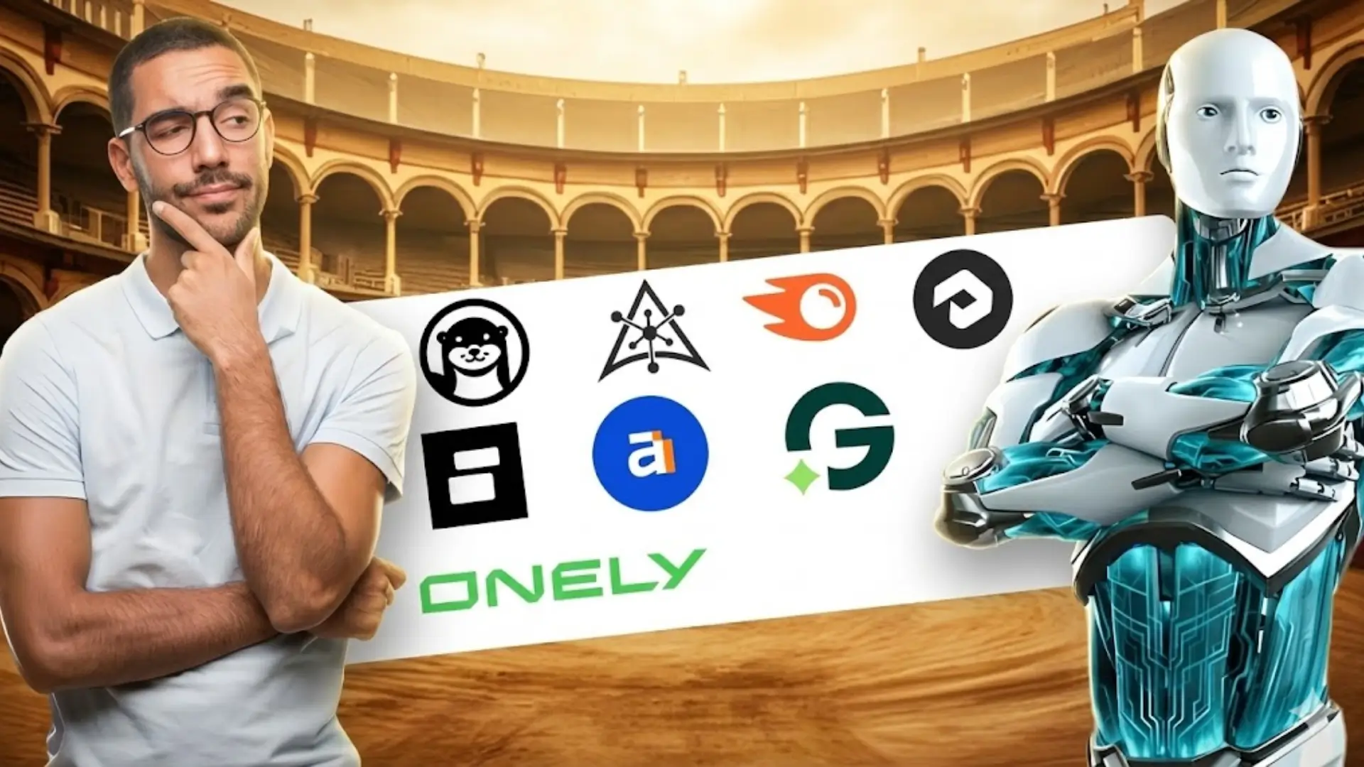 Digital illustration of man and humanoid robot facing each other in coliseum setting with banner of SEO tool logos including SEMrush, Ahrefs, GrowthBar, Onely, and others, symbolizing competition between human and AI in digital marketing.