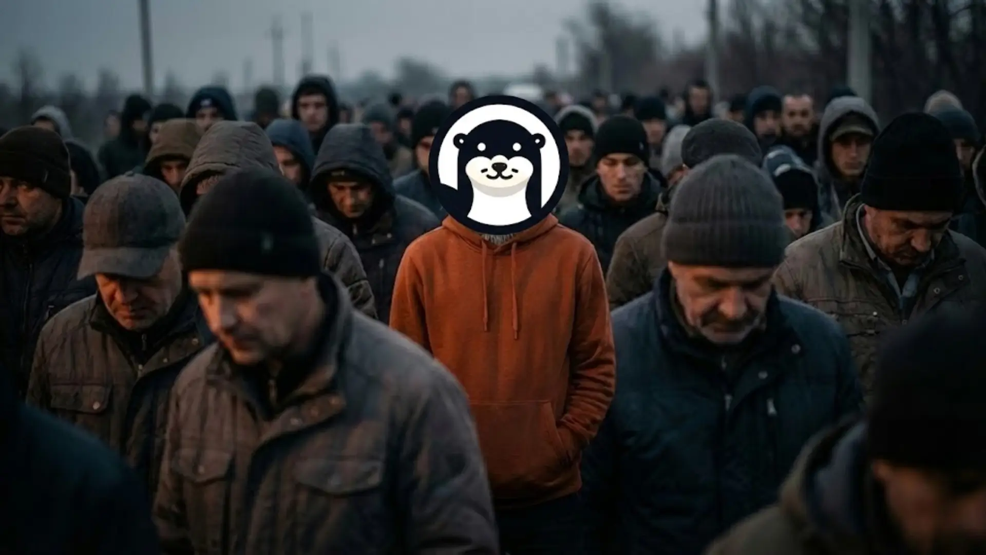 Large crowd in dark winter clothing with one person in bright orange hoodie and cartoon otter face, symbolizing individuality and standing out from the crowd.