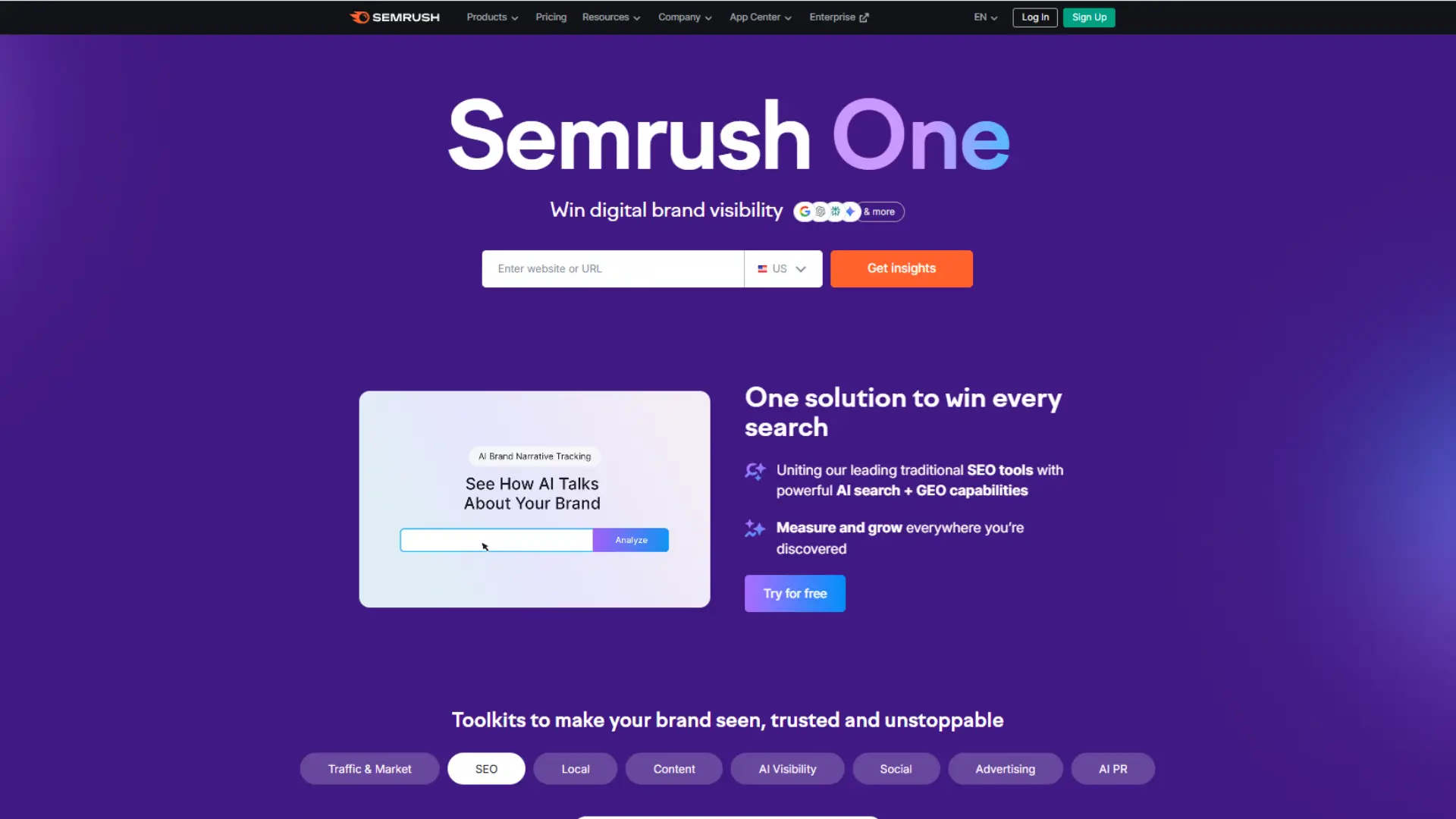 Screenshot of Semrush One homepage with purple background, headline “Win digital brand visibility,” search bar, AI brand narrative tracking, and toolkit tags for SEO, content, social, and advertising.