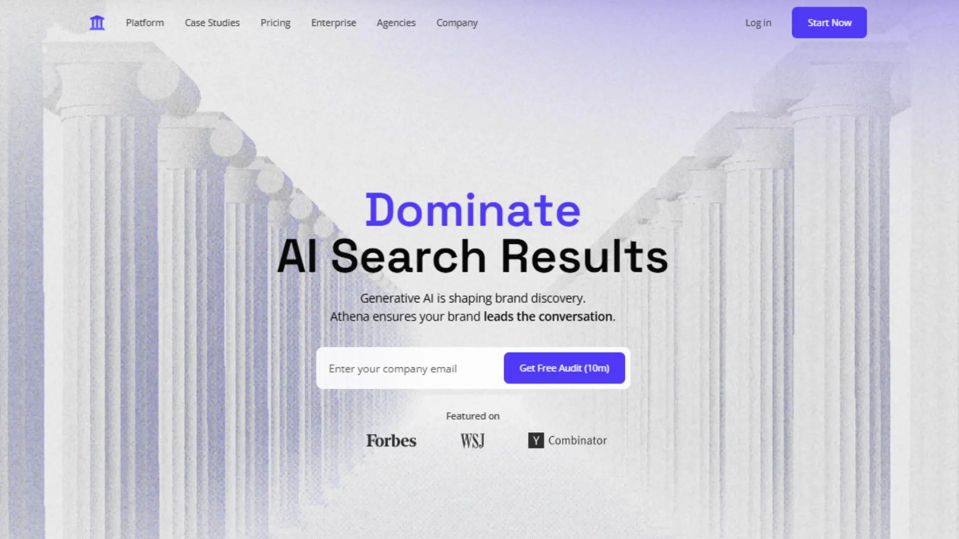 Athena homepage with classical column background, bold headline “Dominate AI Search Results,” subheading on generative AI shaping brand discovery, and call‑to‑action for free audit.