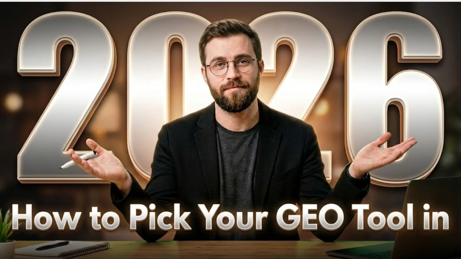 Man in blazer seated at desk with hands raised in questioning gesture, large metallic “2026” numbers behind him, and text “How to Pick Your GEO Tool in,” symbolizing decision‑making for AI tools.