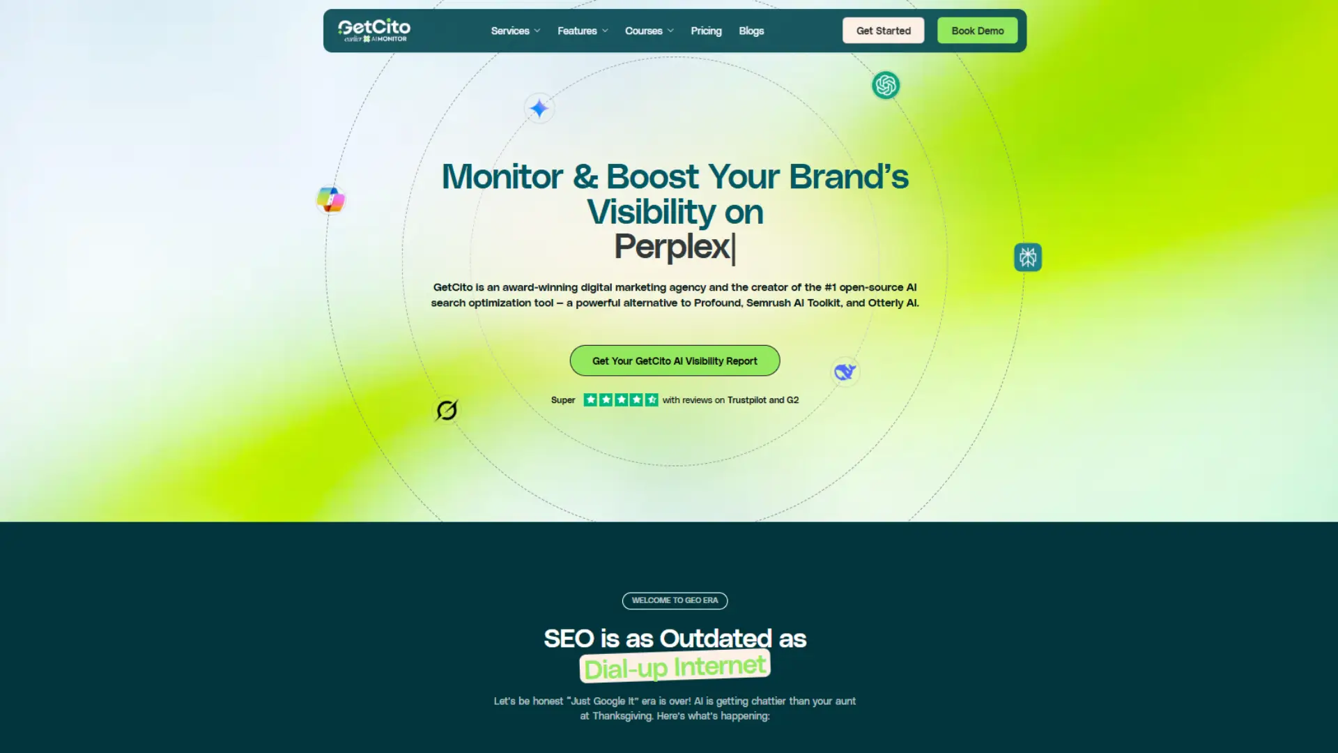 GetCito homepage with green and blue gradient background, headline “Monitor & Boost Your Brand’s Visibility on Perplex|,” description of AI search optimization tool, Trustpilot reviews, and call‑to‑action button.