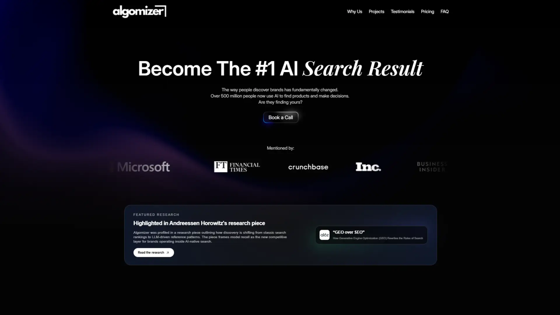 Algomizer homepage with headline “Become The #1 AI Search Result,” call‑to‑action button “Book a Call,” mentions in Microsoft and Financial Times, and featured research on GEO over SEO.