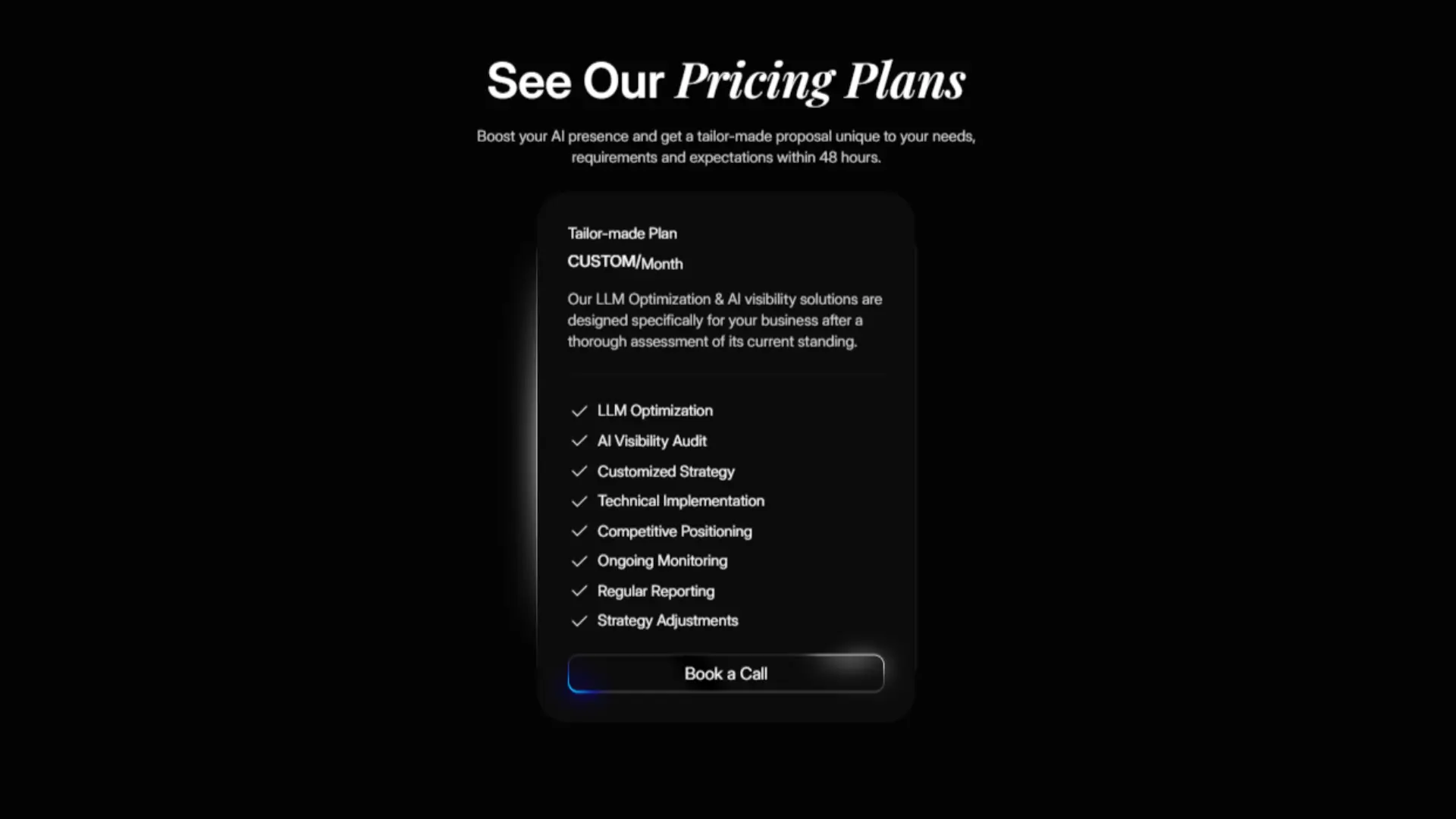 Dark‑themed promotional graphic highlighting customizable monthly AI pricing plan with features like LLM optimization, AI visibility audit, technical implementation, and ongoing monitoring.