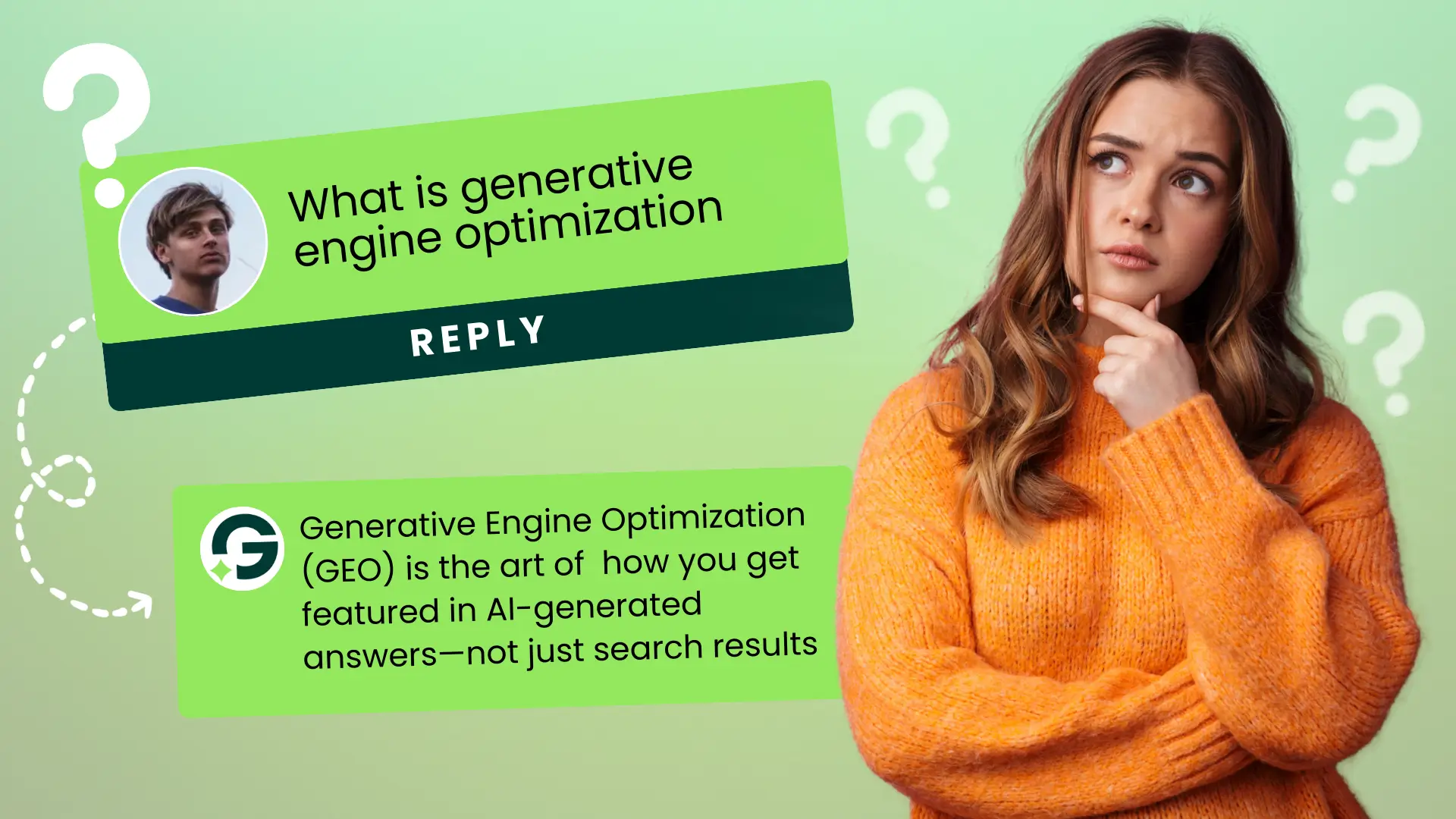A thoughtful young woman in an orange sweater looking up with her hand on her chin, surrounded by white question marks, while a chat message explains ‘Generative Engine Optimization (GEO) is the art of getting featured in AI-generated answers, not just search results.