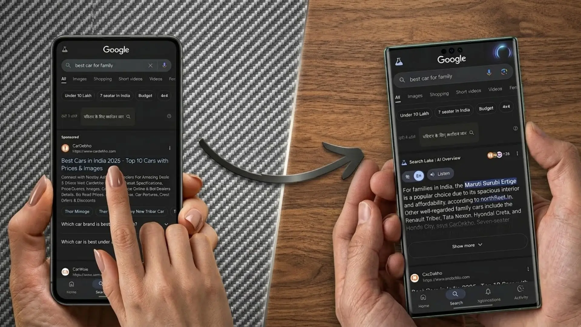 Two smartphones held by hands showing Google search results for ‘best car for family.’ The left phone displays a traditional search results page with links and ads, while the right phone shows an AI-powered answer panel with a highlighted summary of the best family car, illustrating the shift from traditional SEO to AI-driven answers.