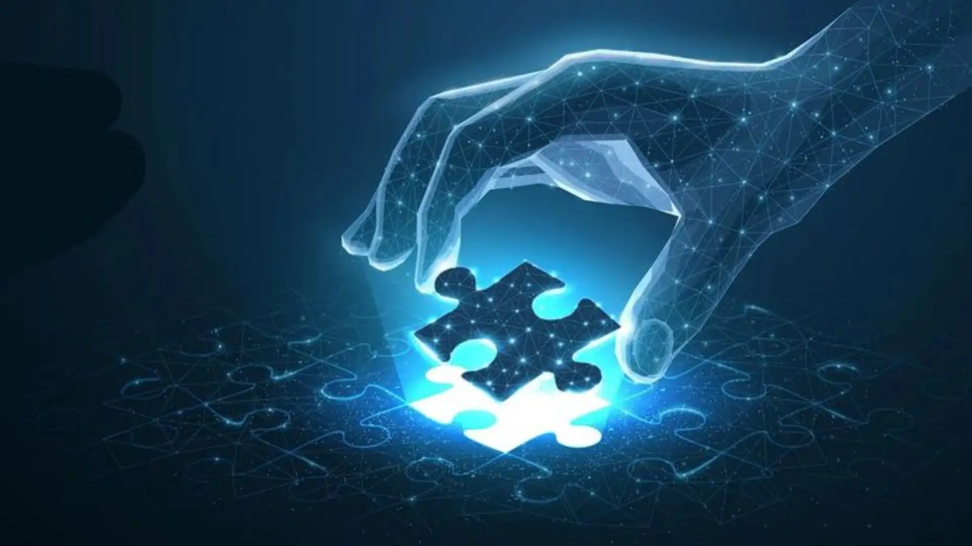 Digital hand placing a glowing puzzle piece into a holographic puzzle, symbolizing problem-solving, AI integration, and completing complex solutions.