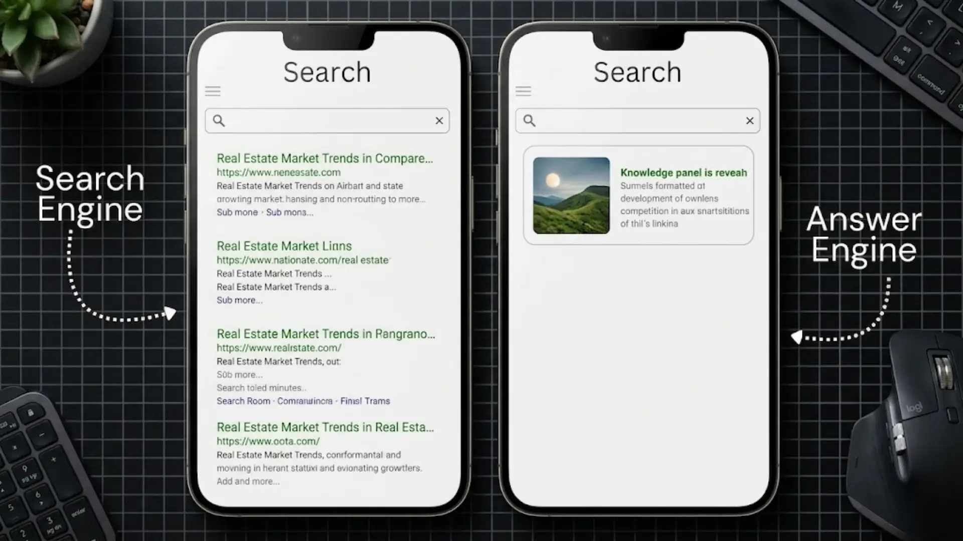 Side-by-side comparison of two smartphones on a desk showing search results. The left phone displays a traditional search engine results page with multiple website links for real estate market trends. The right phone shows an AI answer engine providing a knowledge panel with a featured image and concise answer, illustrating the difference between search engines and answer engines.
