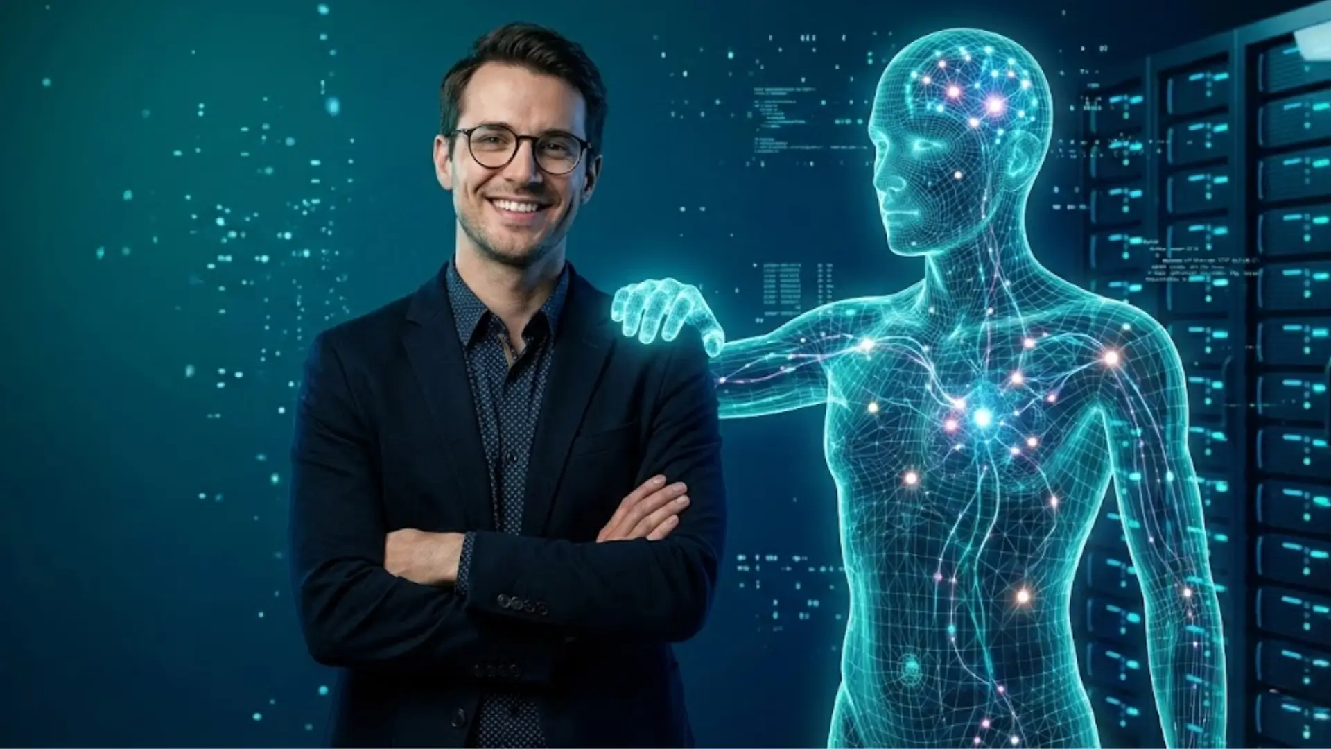 A smiling man in a dark suit and glasses stands with arms crossed next to a glowing digital humanoid figure made of blue wireframe and neural network nodes, with the humanoid’s hand on the man’s shoulder, representing AI-human collaboration in technology and data environments.