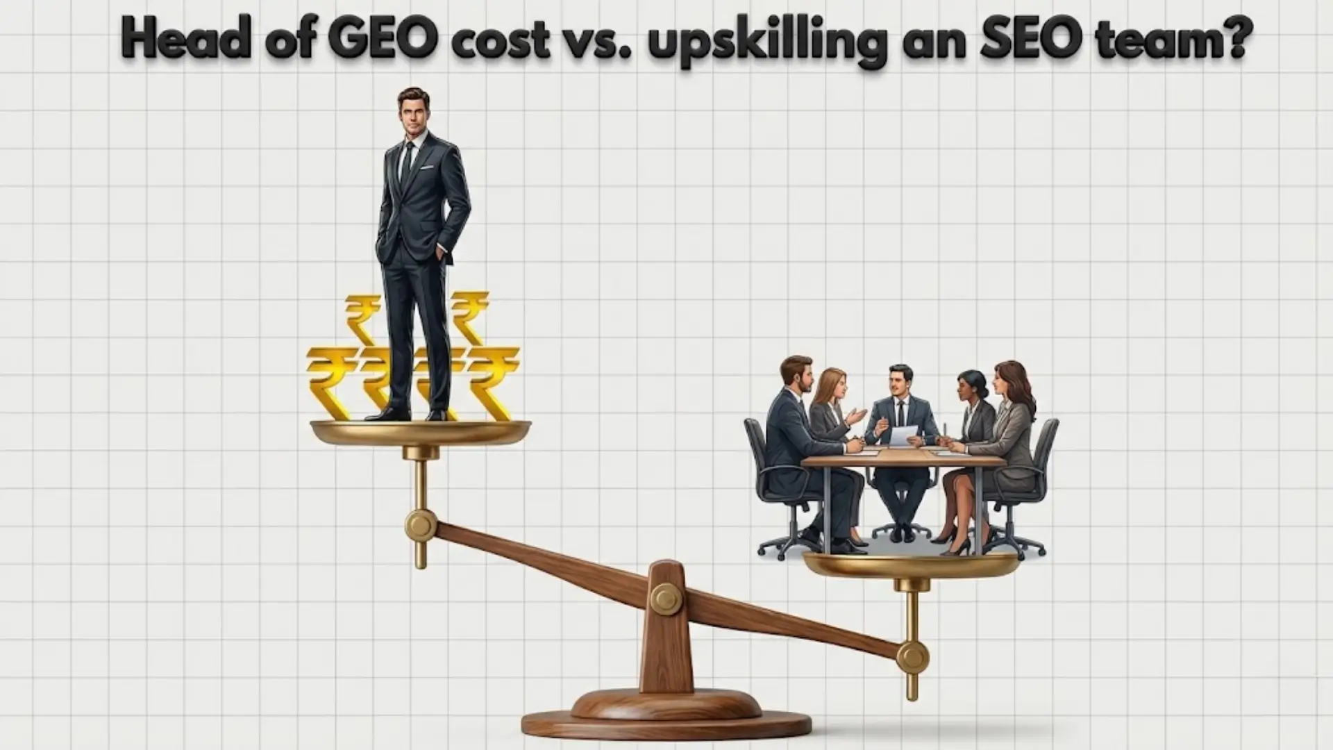 “Illustration comparing the cost of hiring a Head of GEO versus upskilling an SEO team. A seesaw shows a single executive in a suit standing on one side with stacks of currency symbols, while five team members sitting at a table are on the other side, representing cost-effectiveness of team upskilling.