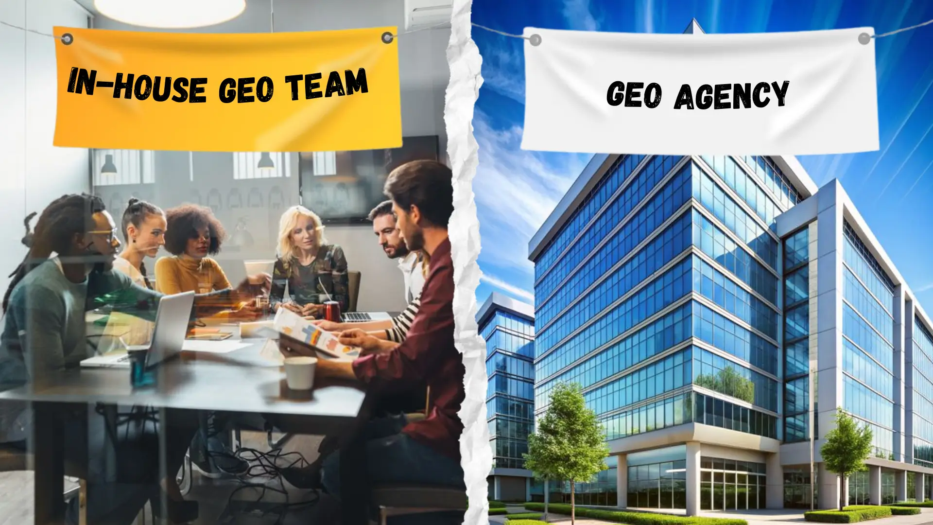 Comparison image showing an in-house GEO team versus a GEO agency. On the left, a diverse team of six people sits around a table with laptops, documents, and coffee, discussing strategy under a banner reading ‘IN-HOUSE GEO TEAM.’ On the right, a modern corporate office building represents a ‘GEO AGENCY’ under a white banner.