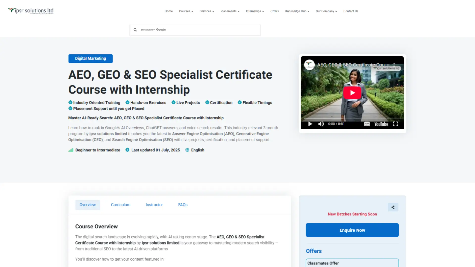 Webpage from ipsr solutions promoting “AEO, GEO & SEO Specialist Certificate Course with Internship,” highlighting industry training, live projects, certification, and placement support.