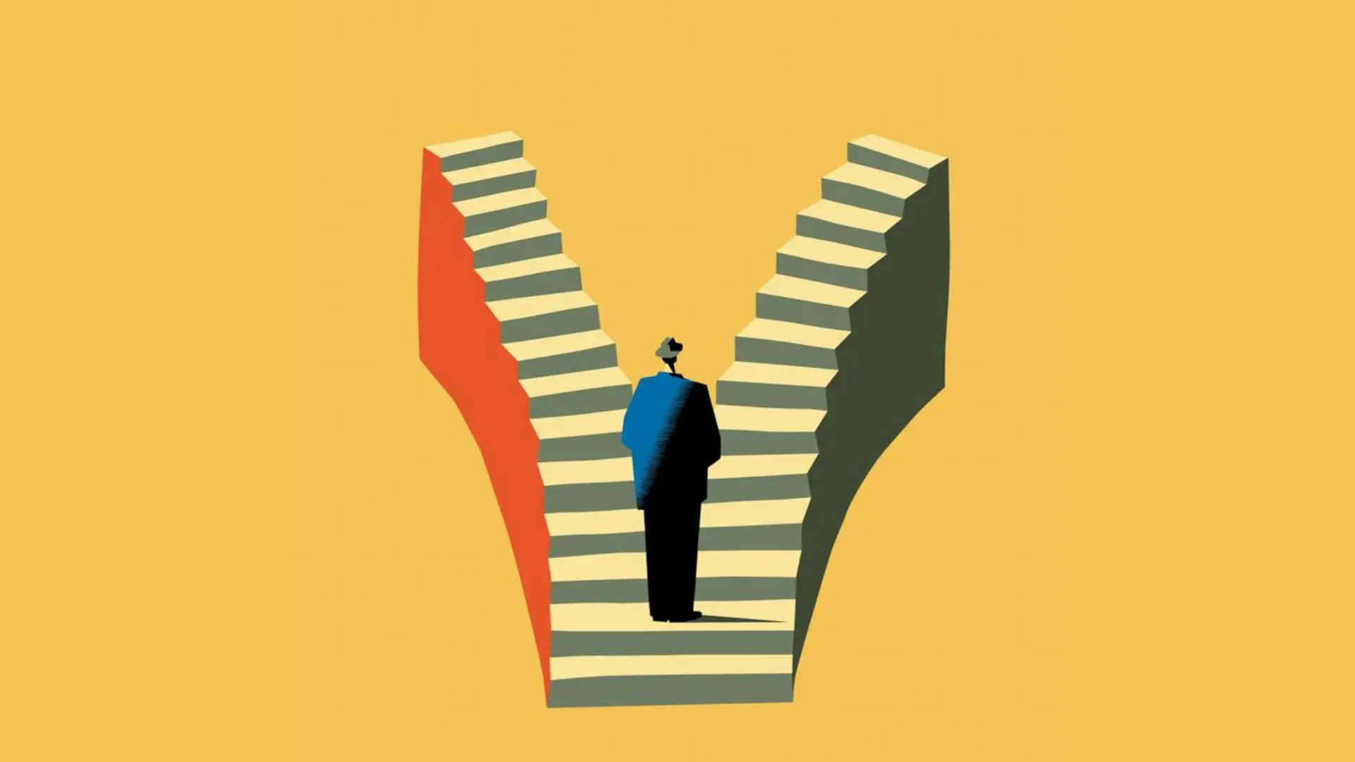 Stylized illustration of person in silhouette standing at base of Y‑shaped staircase with diverging red and green paths, symbolizing choice and decision‑making.