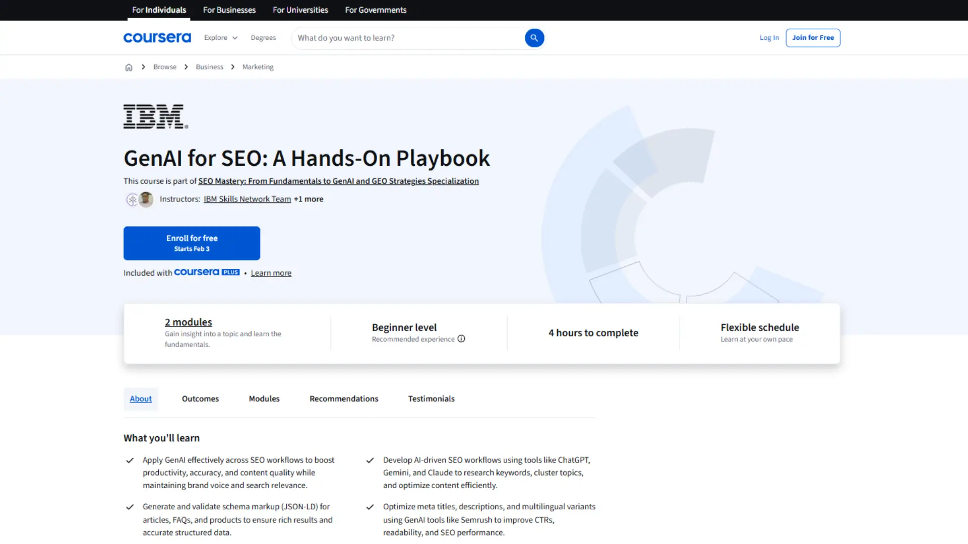 Coursera course page titled “GenAI for SEO: A Hands‑On Playbook” by IBM, beginner level, 4 hours, free enrollment, teaching schema markup, AI SEO workflows, and content optimization.