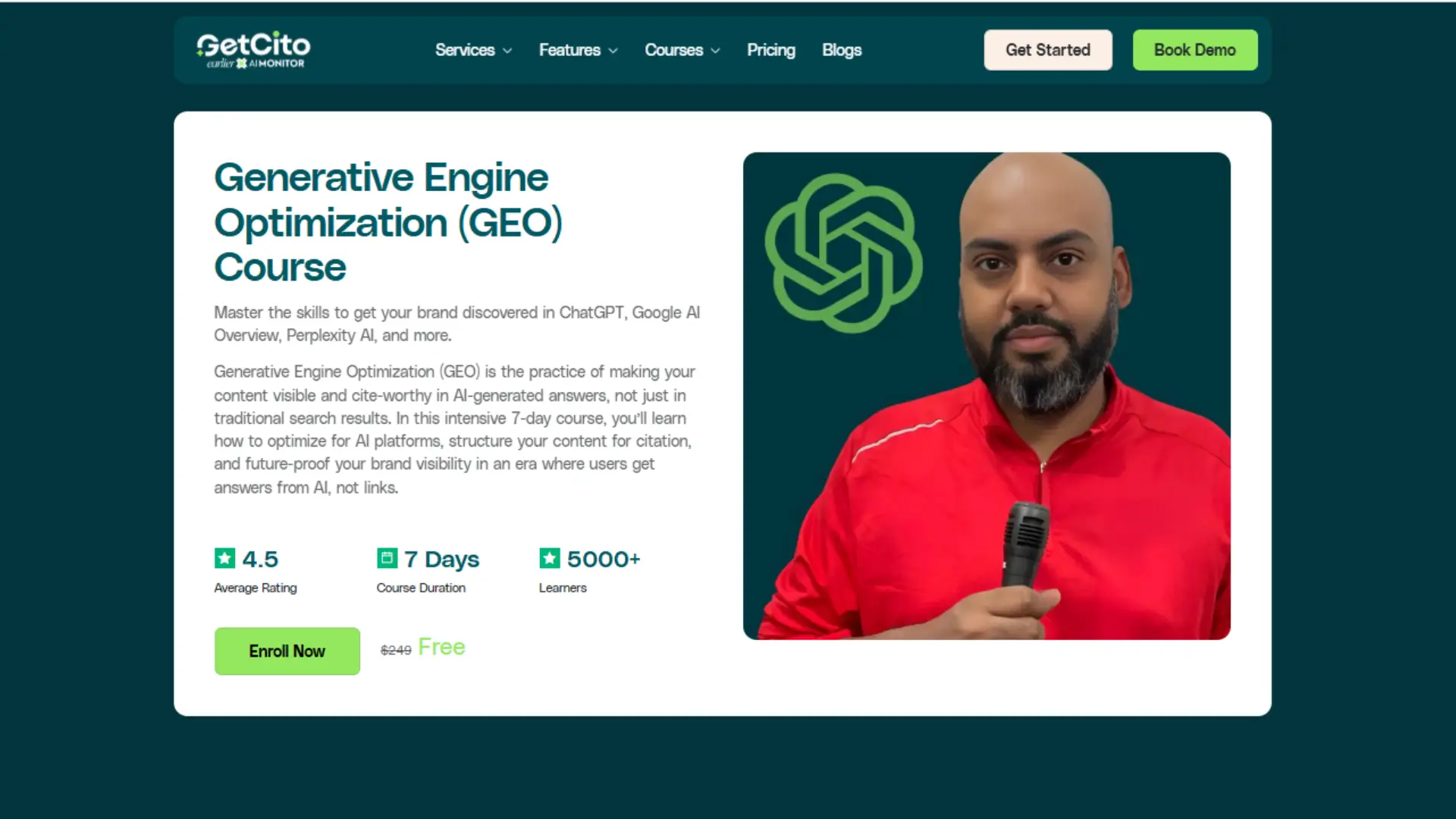 GetCito promotional page for “Generative Engine Optimization Course” with description of 7‑day training, free enrollment, 4.5 rating, 5000+ learners, and focus on AI citation visibility.