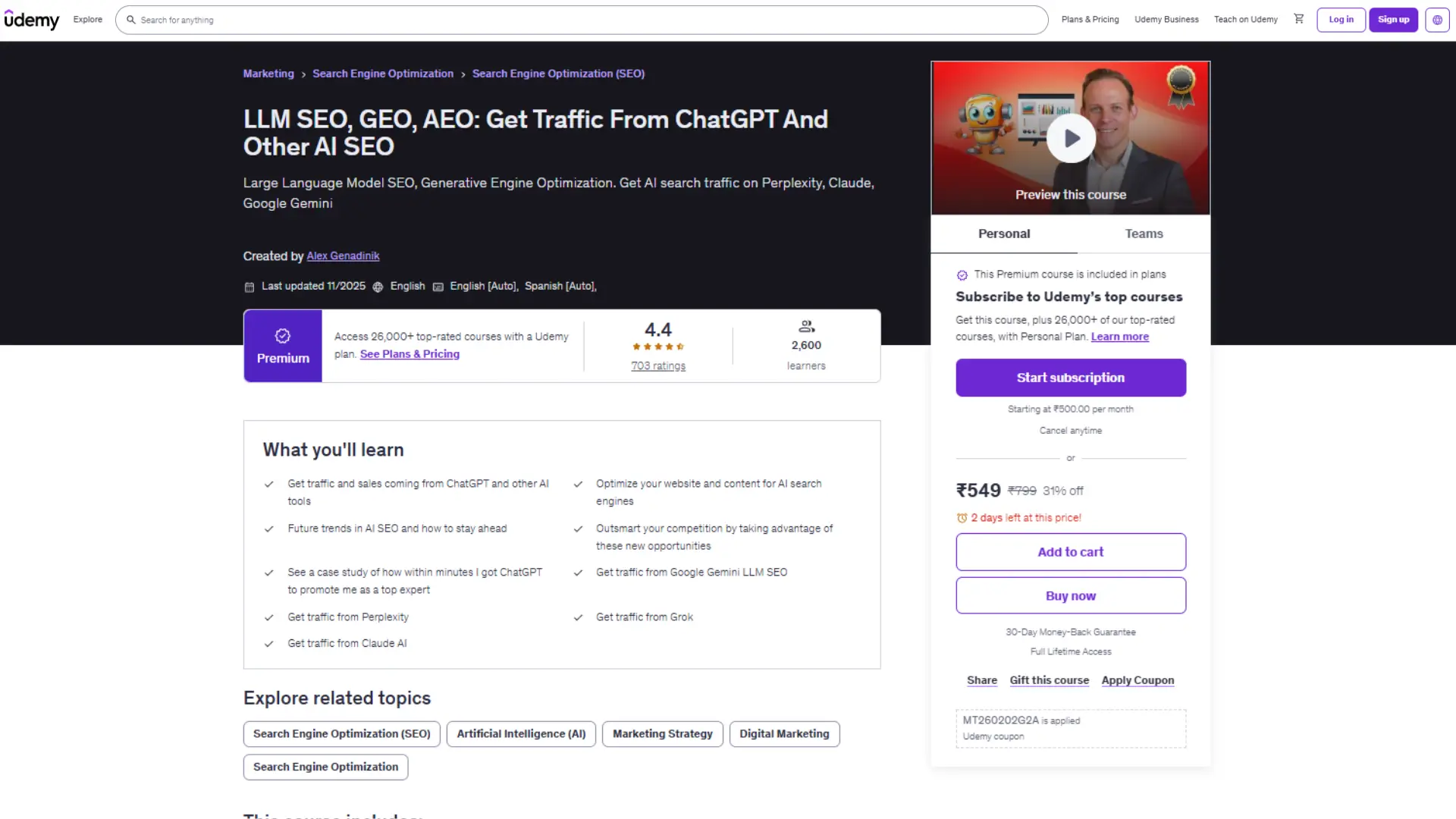 Udemy course page titled “LLM SEO, GEO, AEO: Get Traffic From ChatGPT And Other AI SEO” by Alex Genadinik, 4.4 rating, 2600 learners, teaching AI SEO strategies across ChatGPT, Gemini, Claude, and Grok.