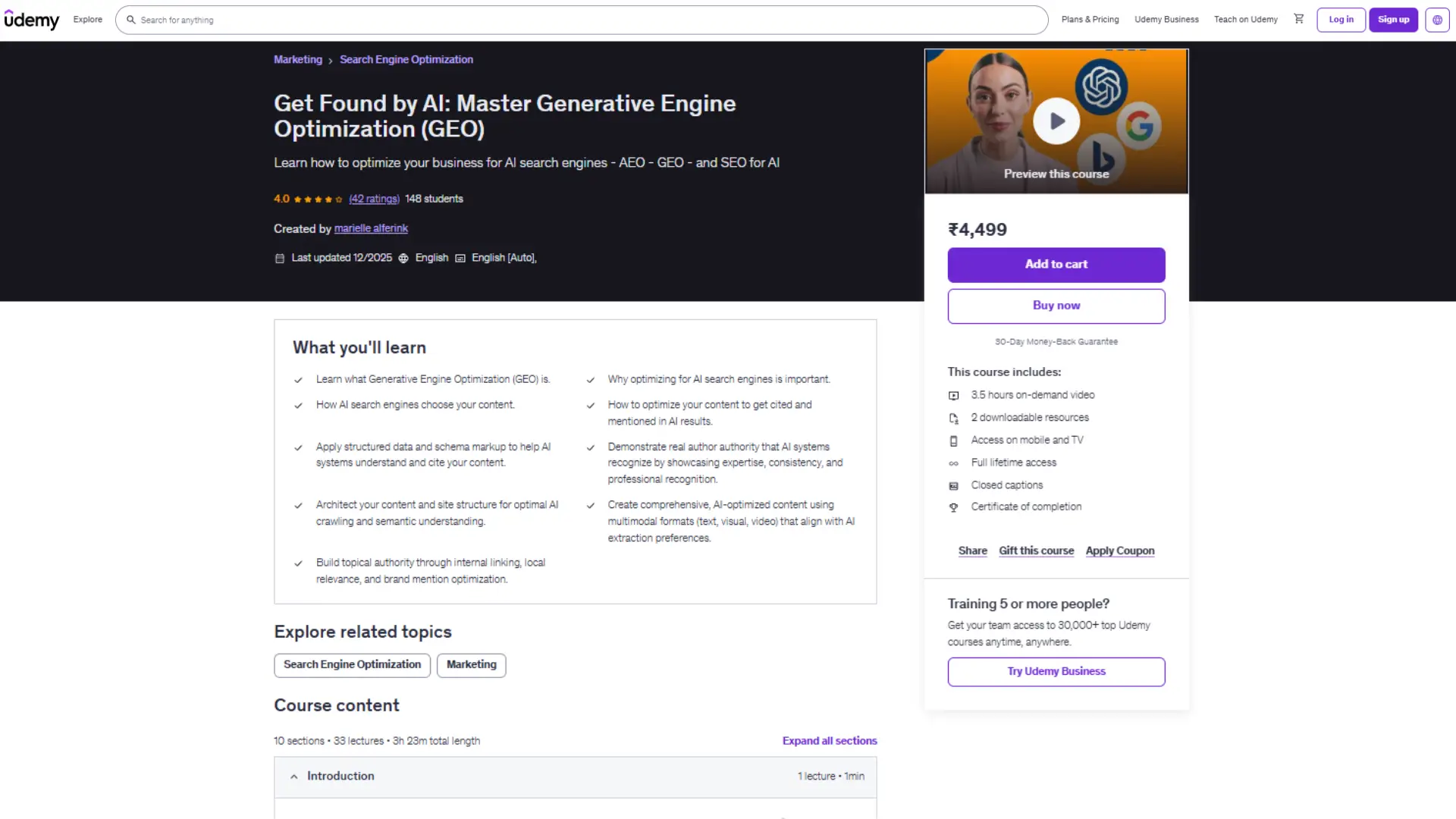 Udemy course page titled “Get Found by AI: Master Generative Engine Optimization” by Marielle Altenrick, 4.0 rating, 148 students, covering schema markup, AI crawling, topical authority, and multimodal content.