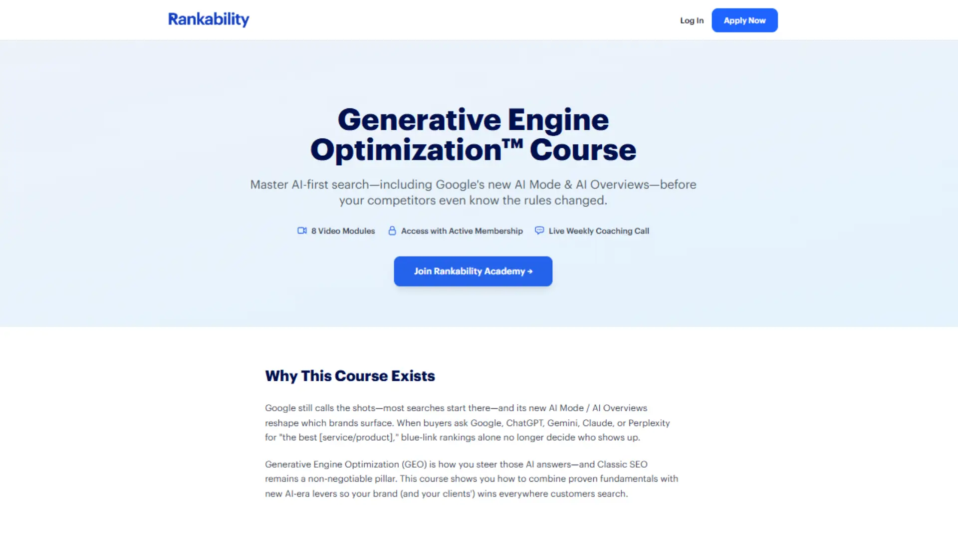 Rankability promotional page for “Generative Engine Optimization Course” with features like 8 video modules, weekly coaching calls, and focus on AI search visibility across Google AI Mode, ChatGPT, Gemini, and Claude.
