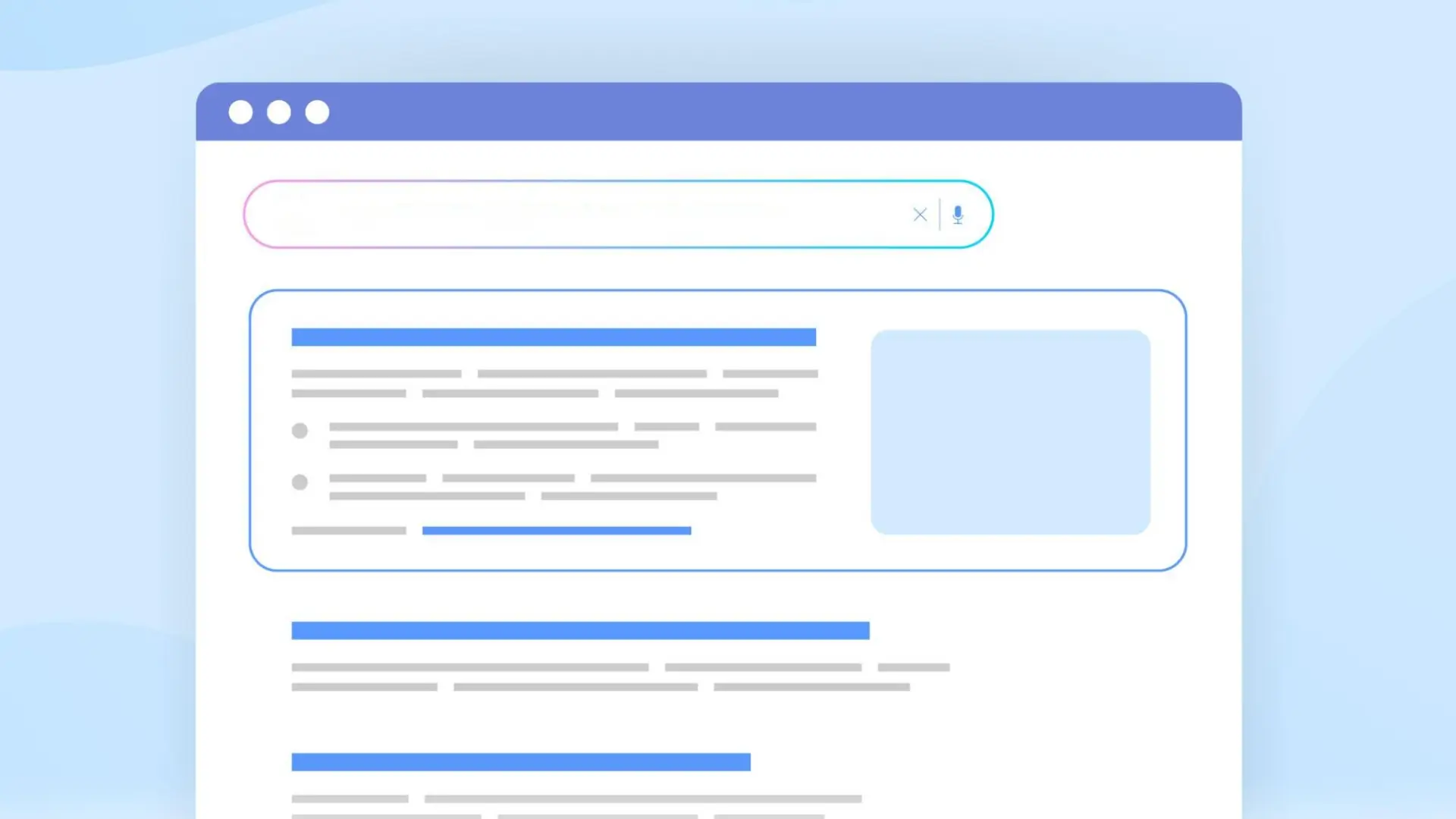 Stylized web browser interface showing search bar with microphone icon and “X” button, multiple search result entries with blue title bars, grey text lines, bullet points, and light blue rectangular placeholder for image or video thumbnail, clean minimalistic design in shades of blue and grey.