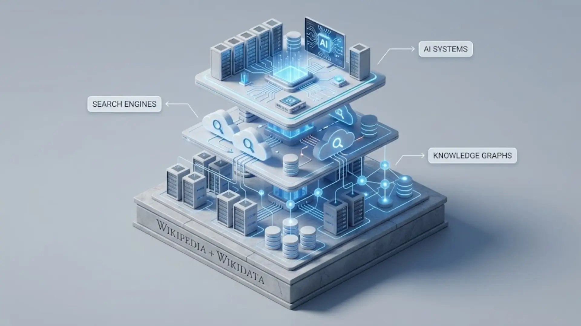 3D layered diagram showing flow from Wikipedia + Wikidata at base, to knowledge graphs, search engines, and AI systems at the top, representing structured data powering AI.