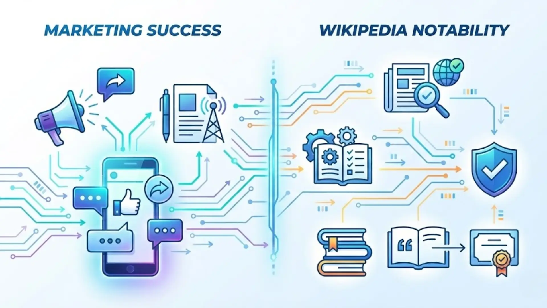 Split illustration contrasting marketing success icons like megaphone and social media with Wikipedia notability icons like shield, books, and verified content, highlighting differences in credibility.