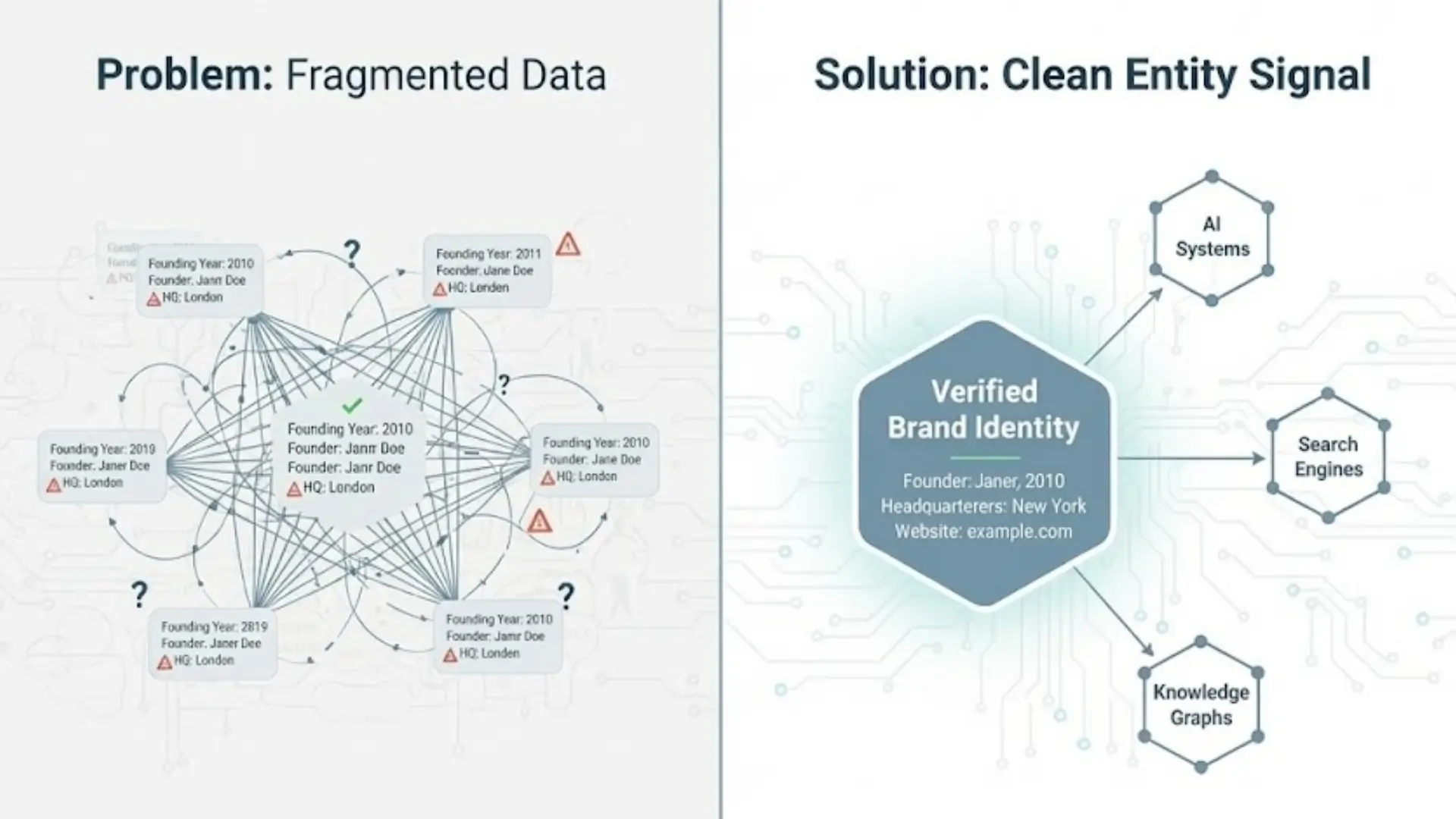 Side‑by‑side diagram showing fragmented, inconsistent brand data with errors versus a centralized clean entity signal verified for AI systems, search engines, and knowledge graphs.