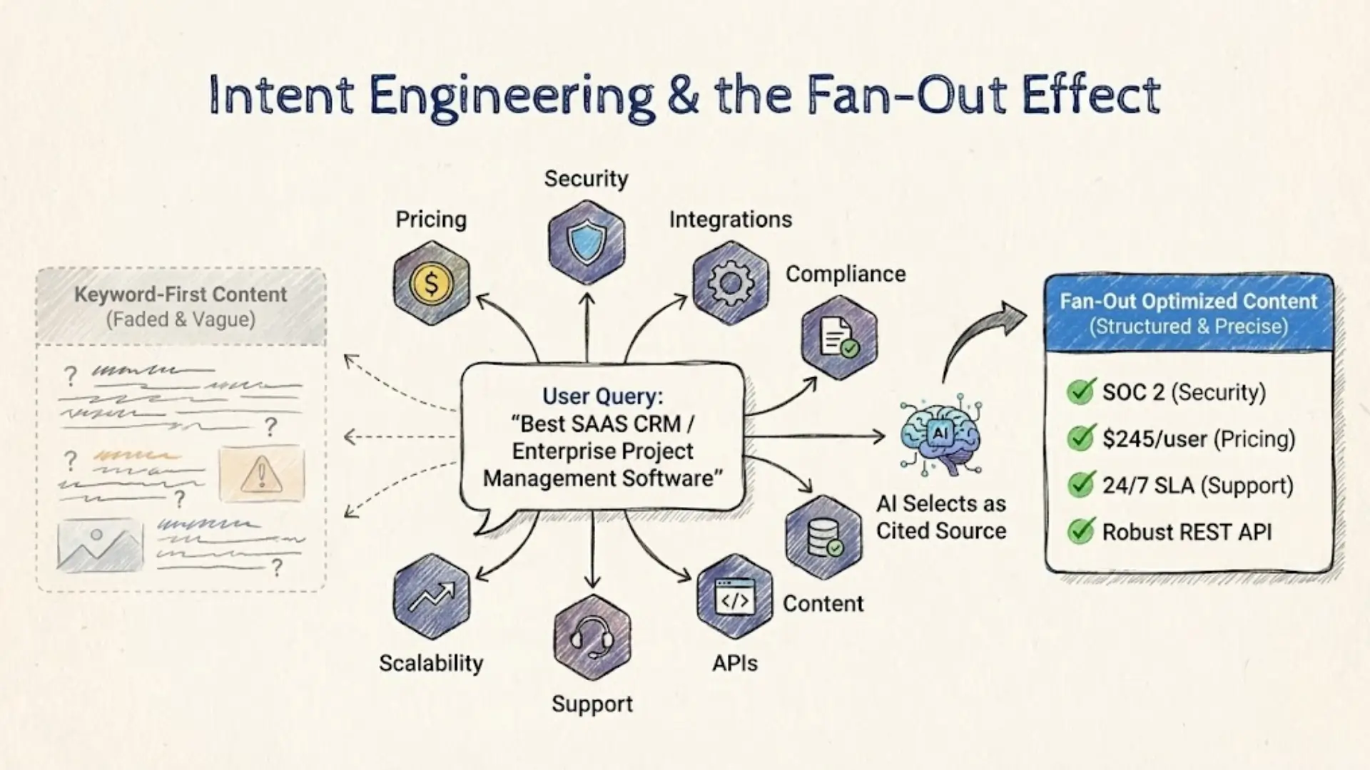 Conceptual diagram titled “Intent Engineering & the Fan‑Out Effect” showing a user query expanded into categories like pricing, security, APIs, and support, with optimized structured outputs selected by AI.