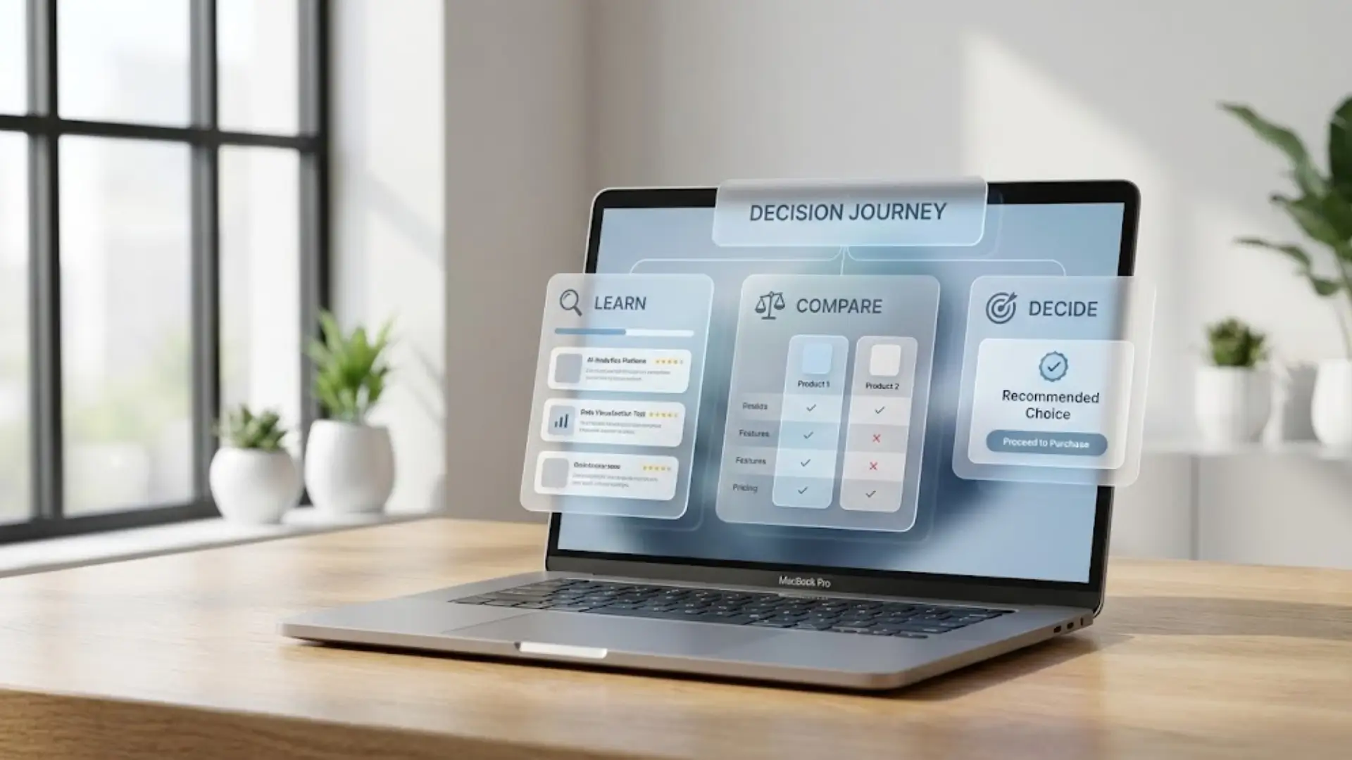 Laptop screen displaying a “Decision Journey” interface with three stages: Learn (ratings of tools), Compare (side‑by‑side product features and pricing), and Decide (recommended choice).