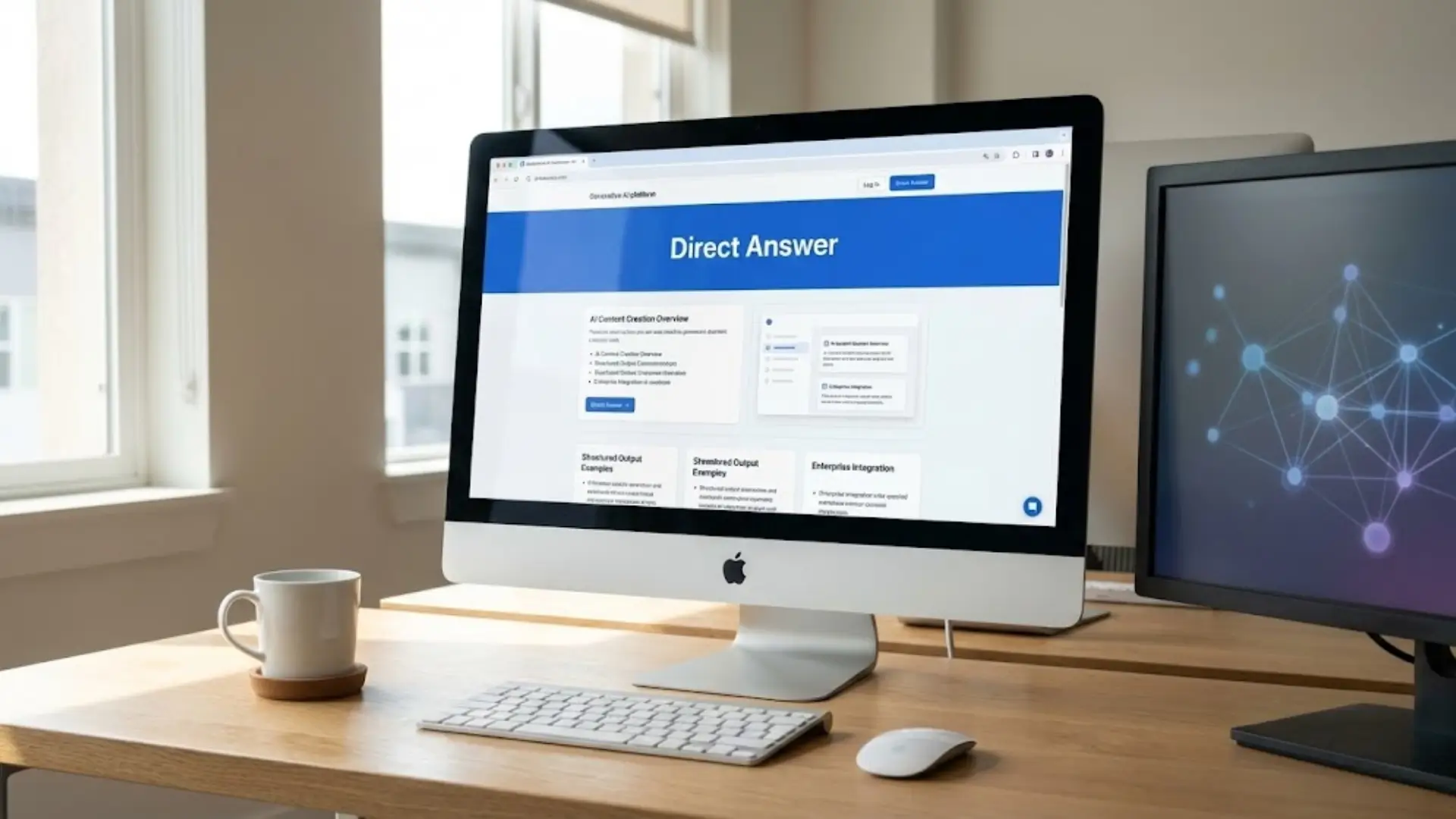 Modern workspace with dual monitors, one showing a webpage titled “Direct Answer” with AI content creation overview and structured output examples, the other displaying a network visualization interface.