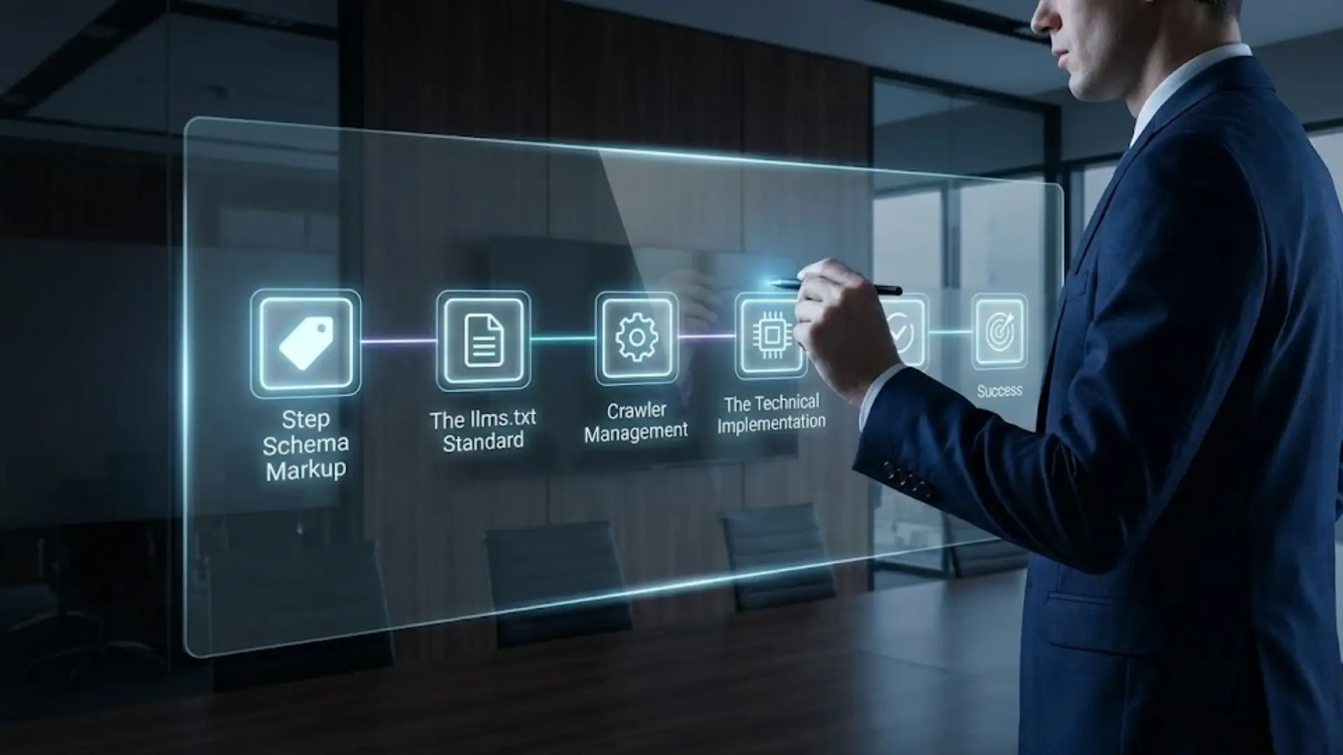 Professional setting with person interacting with a transparent digital interface showing six sequential steps: Schema Markup, llms.txt Standard, Crawler Management, Technical Implementation, Checkmark, Success.