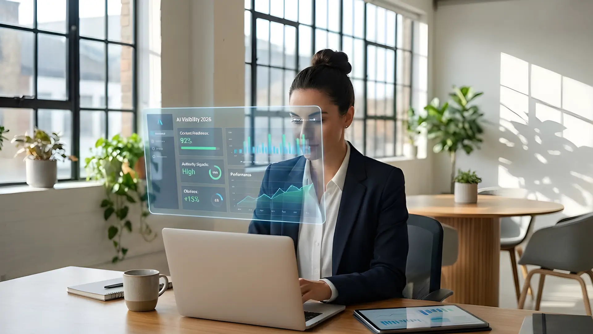 Office workspace with laptop projecting a holographic display of AI Visibility 2026 metrics, including contact freshness (92%), activity signals high, and performance graphs.