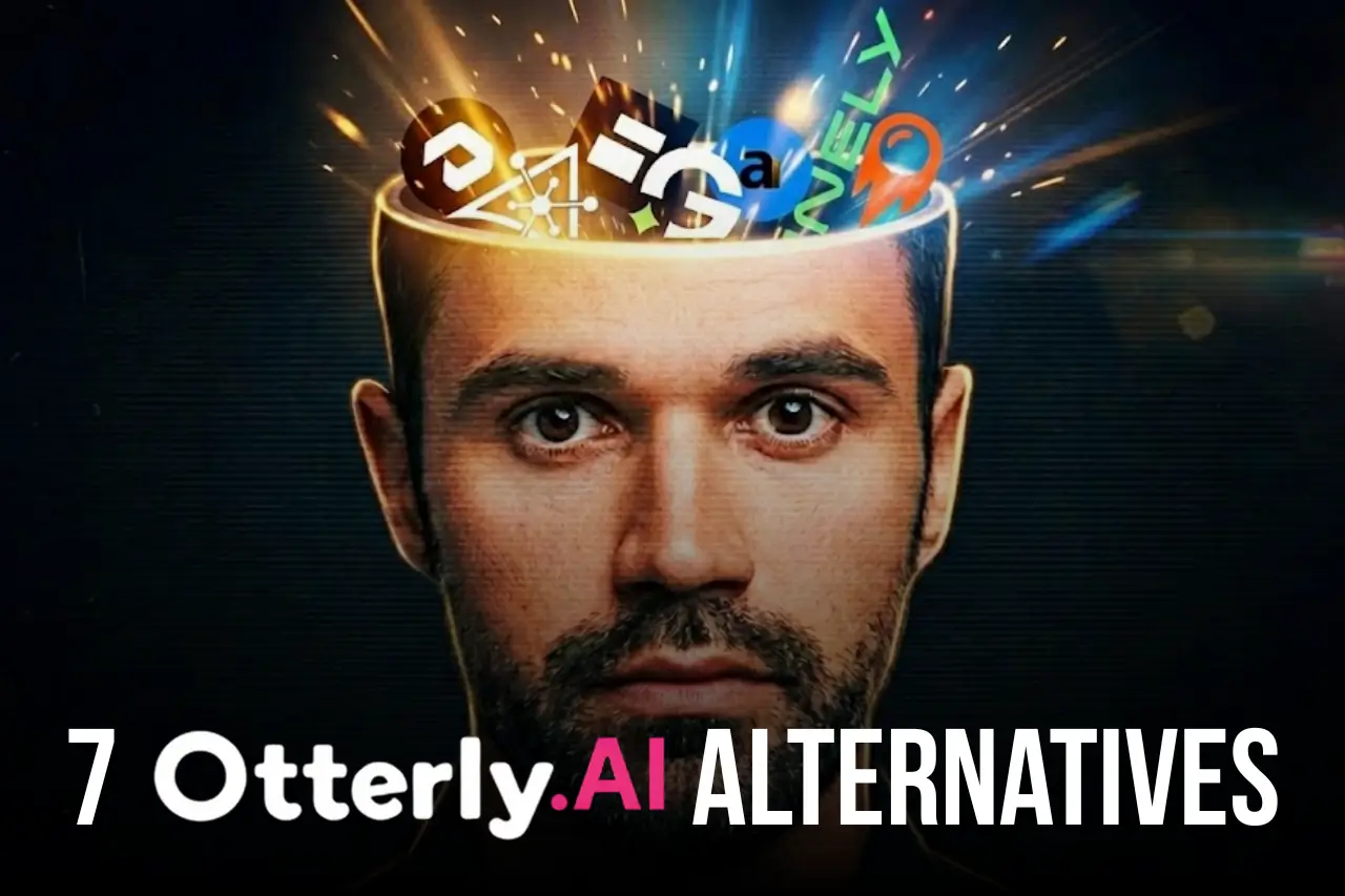 Digital illustration of man’s head opened with colorful AI logos emerging, text “7 Otterly.AI Alternatives” at bottom, symbolizing exploration of alternative AI tools.