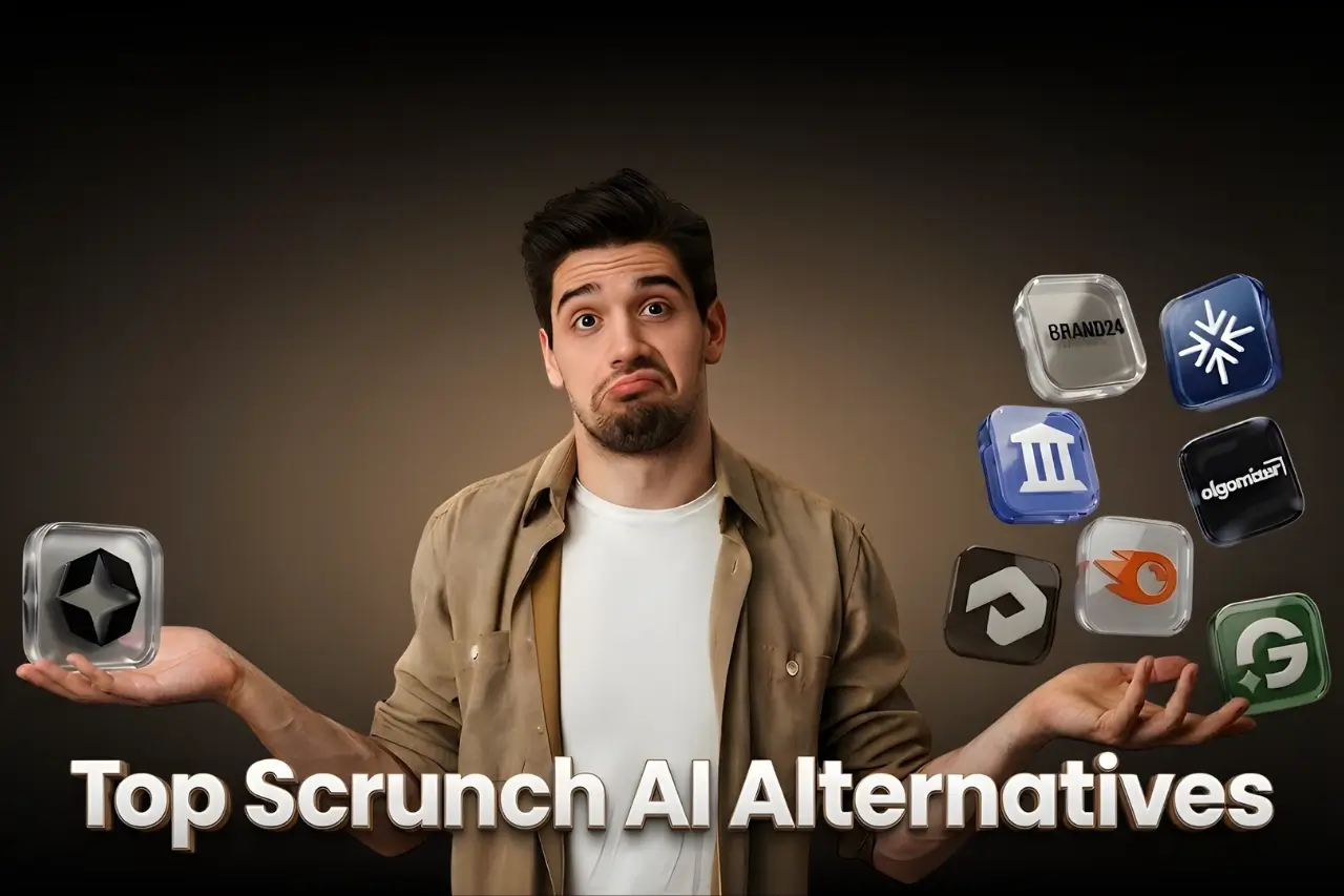 Person with puzzled expression weighing options surrounded by app icons, with text “Top Scrunch AI Alternatives,” symbolizing comparison of competing AI tools.