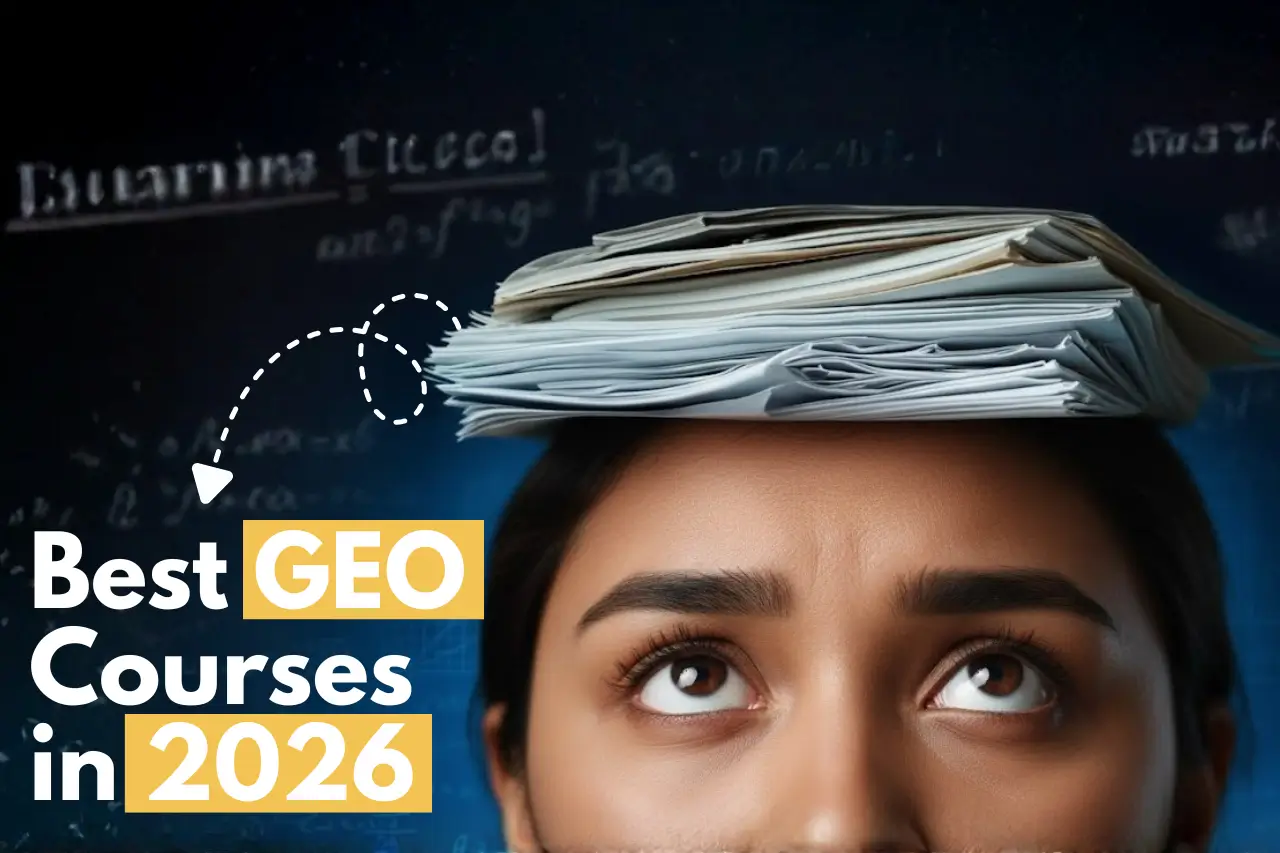Person with stack of papers balanced on head, mathematical equations faintly visible in background, text “Best GEO Courses in 2026,” symbolizing academic workload and study focus.