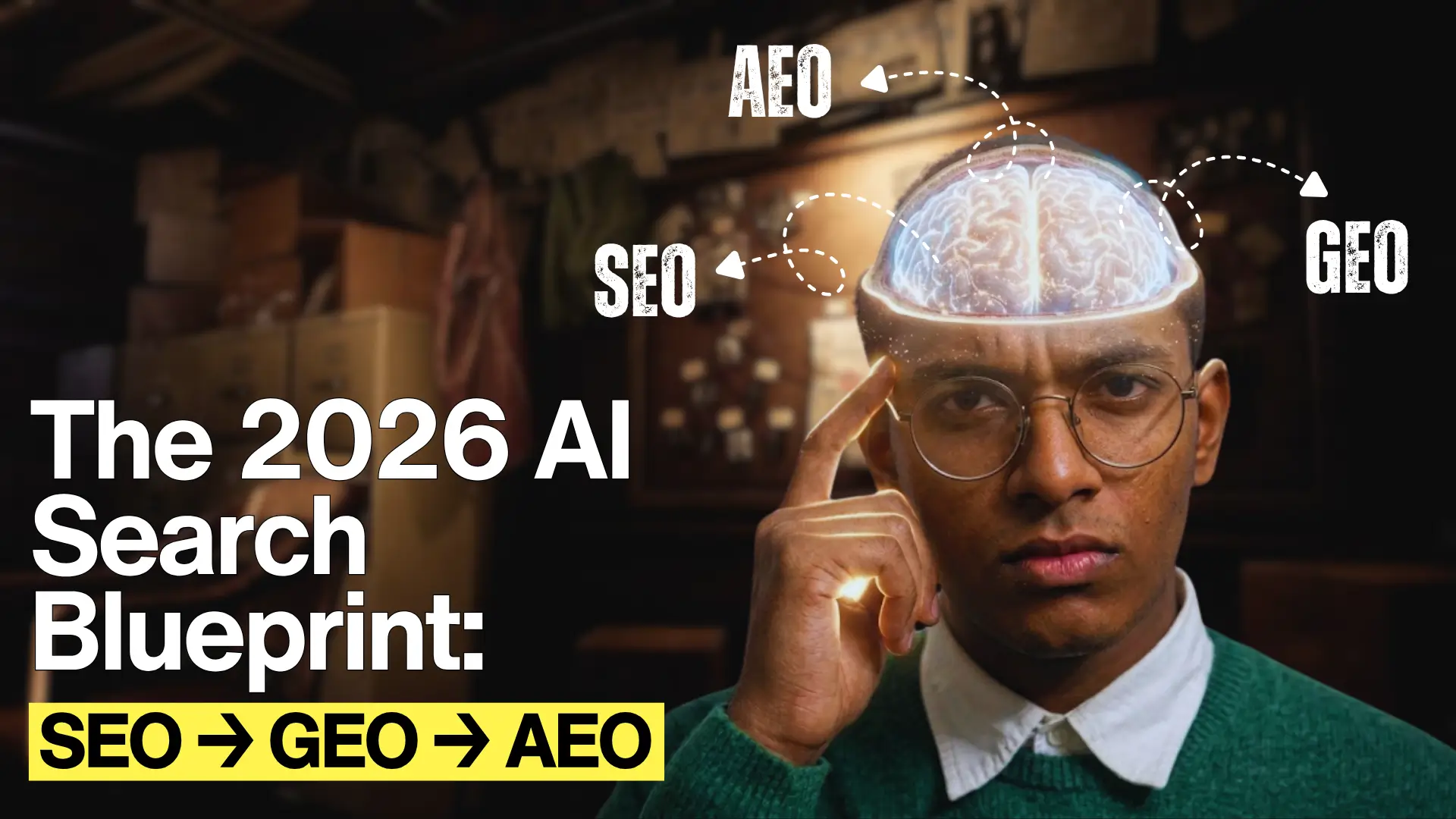 Person in glasses and green sweater pointing to temple with serious expression, digital brain above head labeled with arrows “SEO,” “GEO,” and “AEO,” background cluttered room with shelves and boxes, text “The 2026 AI Search Blueprint: SEO → GEO → AEO.”